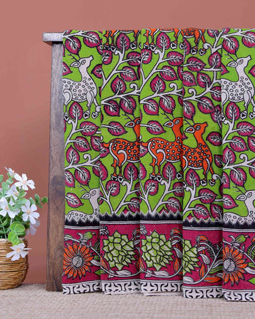 Handloom Kalamkari Cotton Saree Elegant Deer Motifs with Intricate Leaf Pattern and Artistic Floral Border - Green