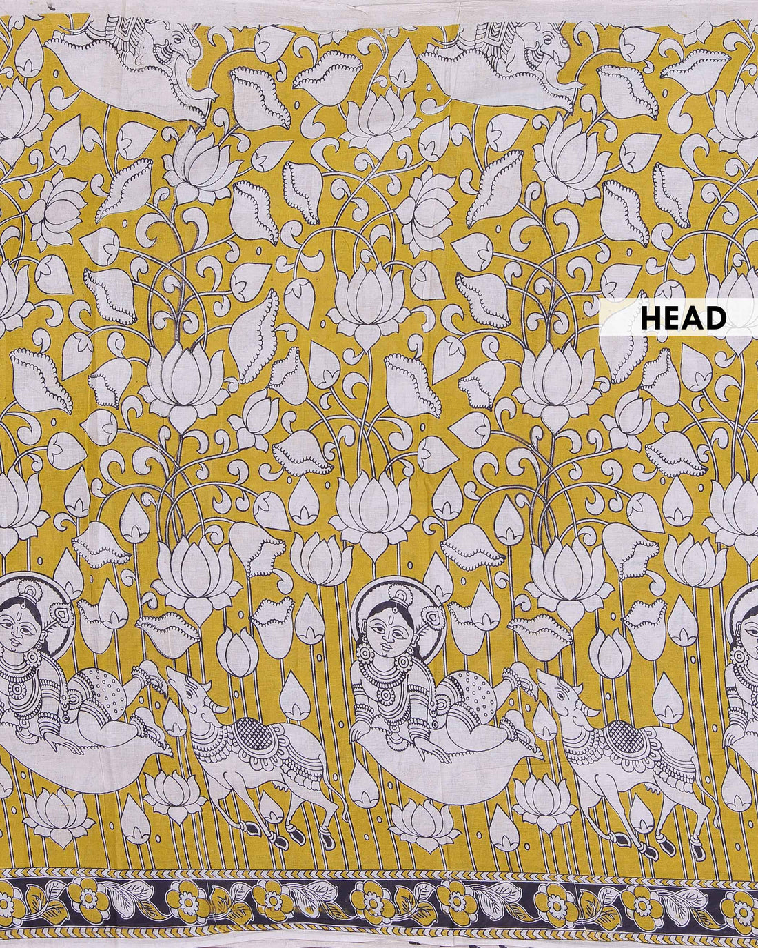 Handloom Kalamkari Cotton Saree Intricate Folk Art Motifs with Traditional Floral and Animal Themed Border Design - Olive Green