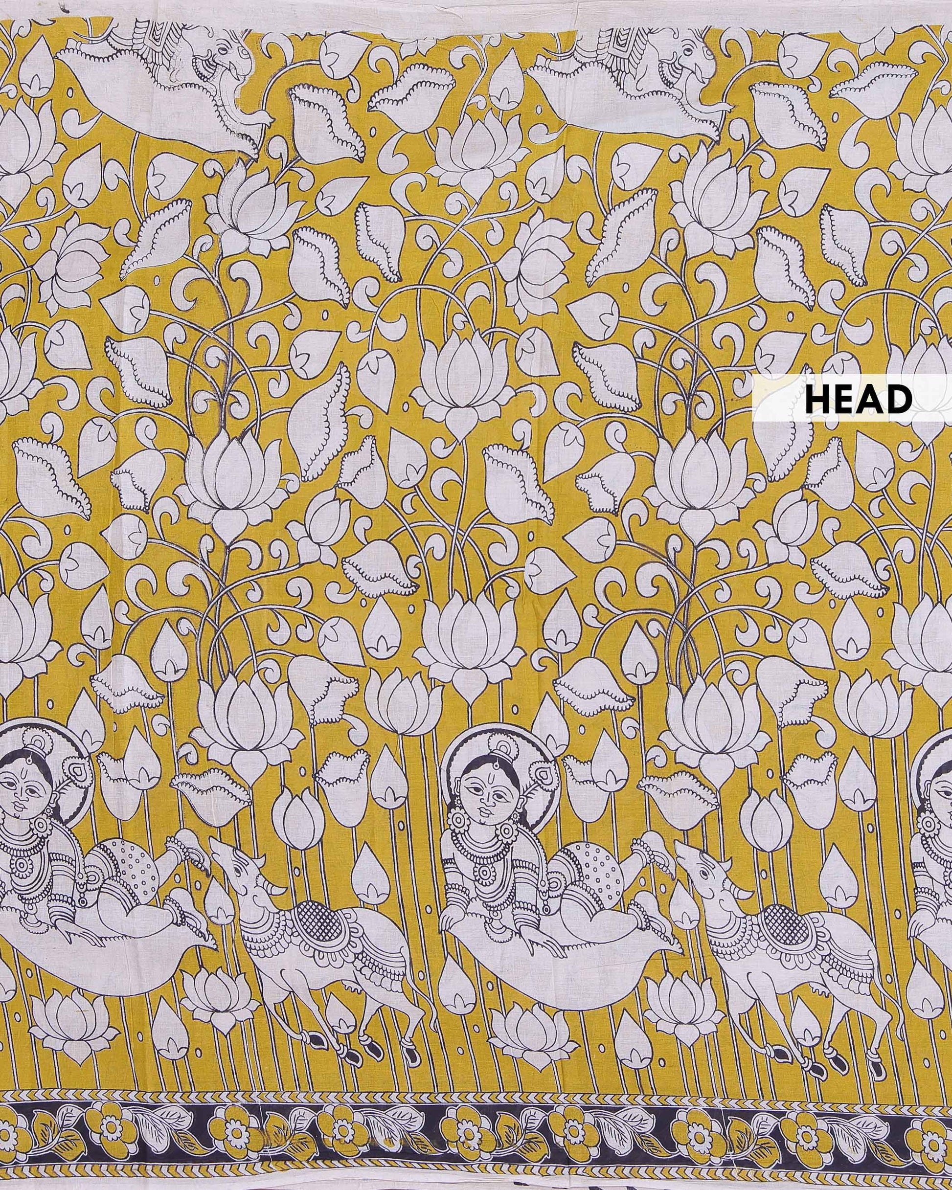 Handloom Kalamkari Cotton Saree Intricate Folk Art Motifs with Traditional Floral and Animal Themed Border Design - Olive Green