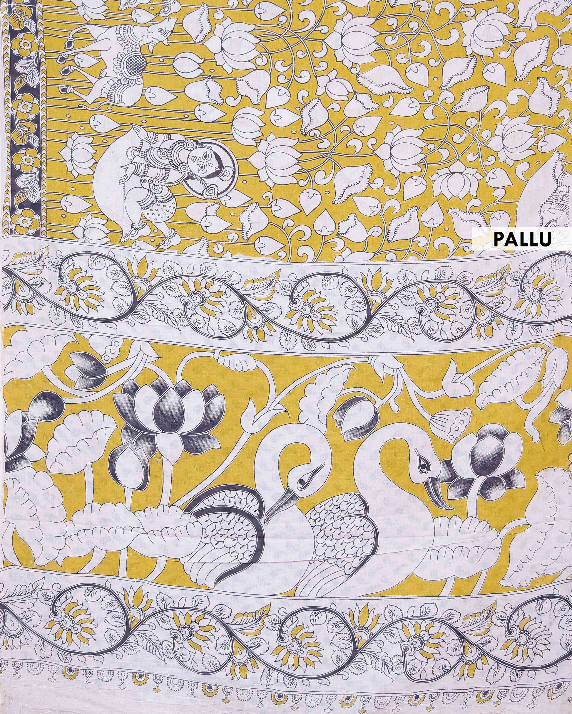 Handloom Kalamkari Cotton Saree Intricate Folk Art Motifs with Traditional Floral and Animal Themed Border Design - Olive Green