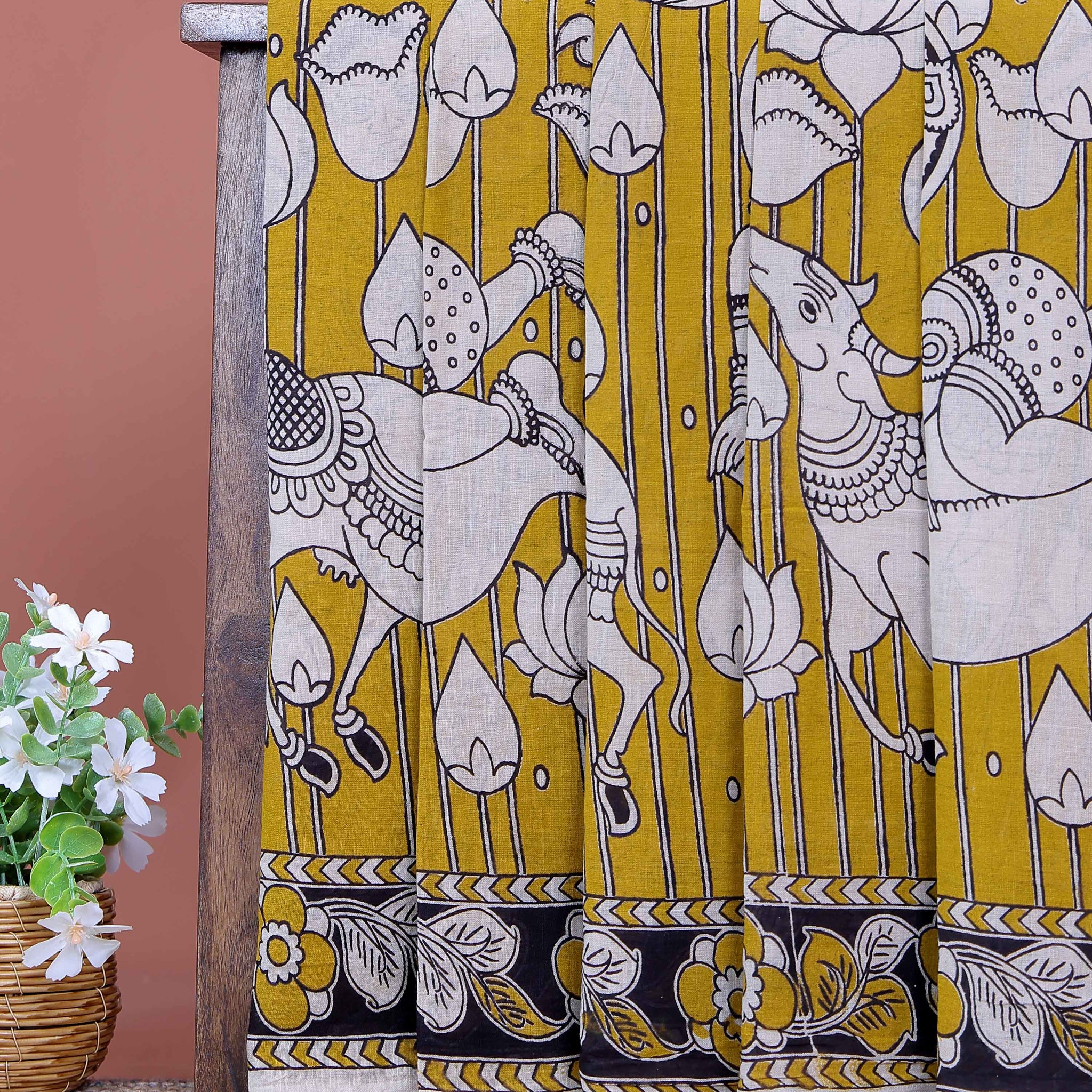 Handloom Kalamkari Cotton Saree Intricate Folk Art Motifs with Traditional Floral and Animal Themed Border Design - Olive Green