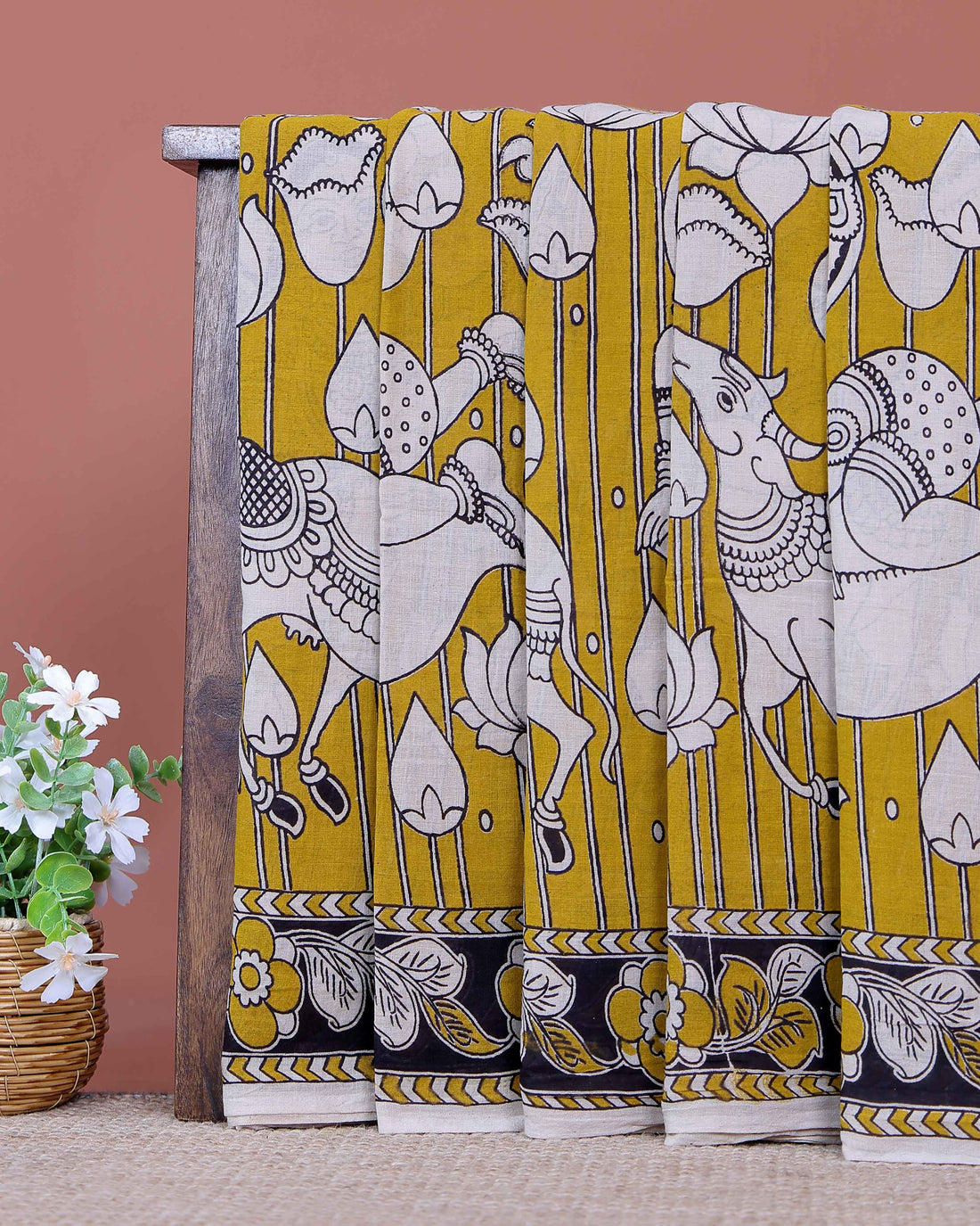 Handloom Kalamkari Cotton Saree Intricate Folk Art Motifs with Traditional Floral and Animal Themed Border Design - Olive Green