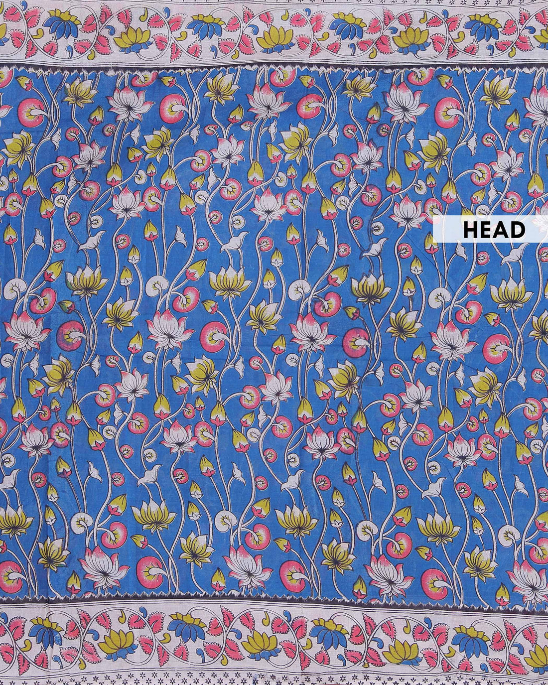 Handloom Kalamkari Cotton Saree Intricate Lotus Motifs and Traditional Border Design - Blue