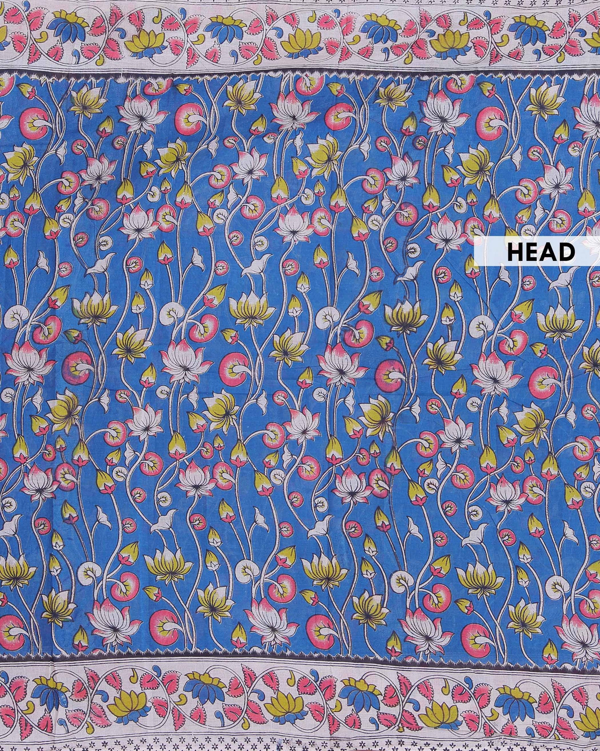 Handloom Kalamkari Cotton Saree Intricate Lotus Motifs and Traditional Border Design - Blue