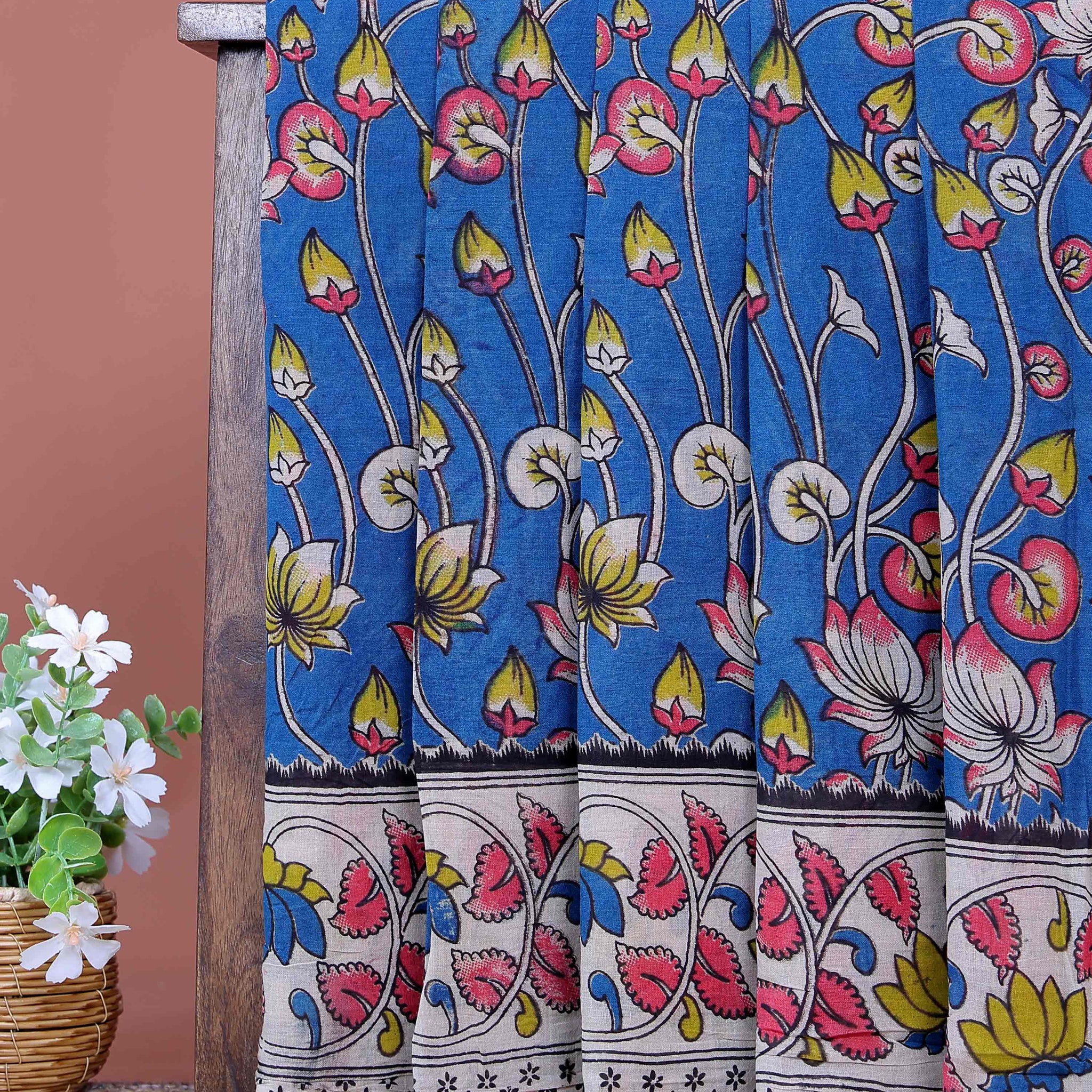 Handloom Kalamkari Cotton Saree Intricate Lotus Motifs and Traditional Border Design - Blue