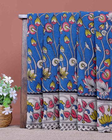 Handloom Kalamkari Cotton Saree Intricate Lotus Motifs and Traditional Border Design - Blue