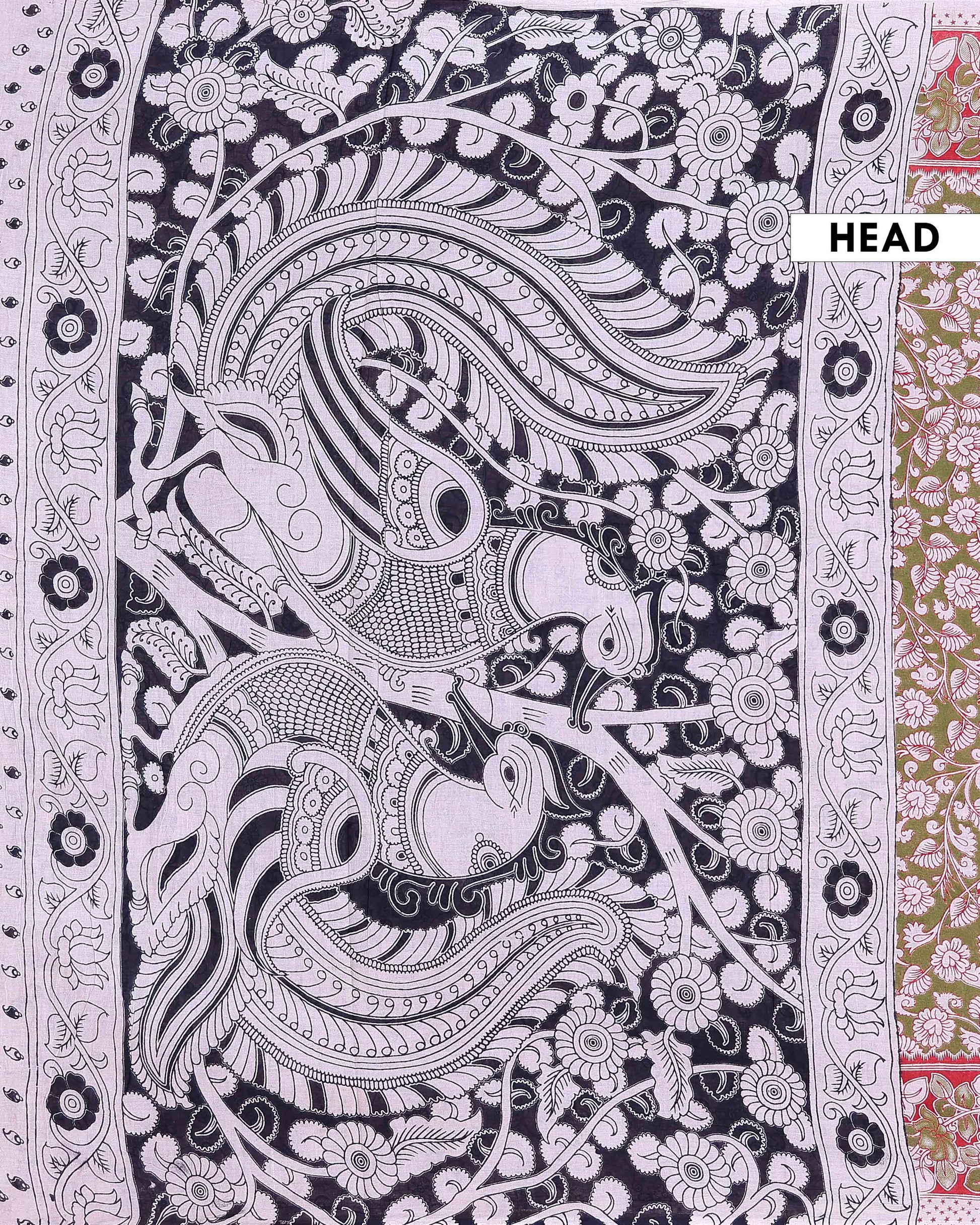 Traditional Handloom Kalamkari Cotton Saree Traditional Floral Artwork with Elegantly Detailed Border - Green