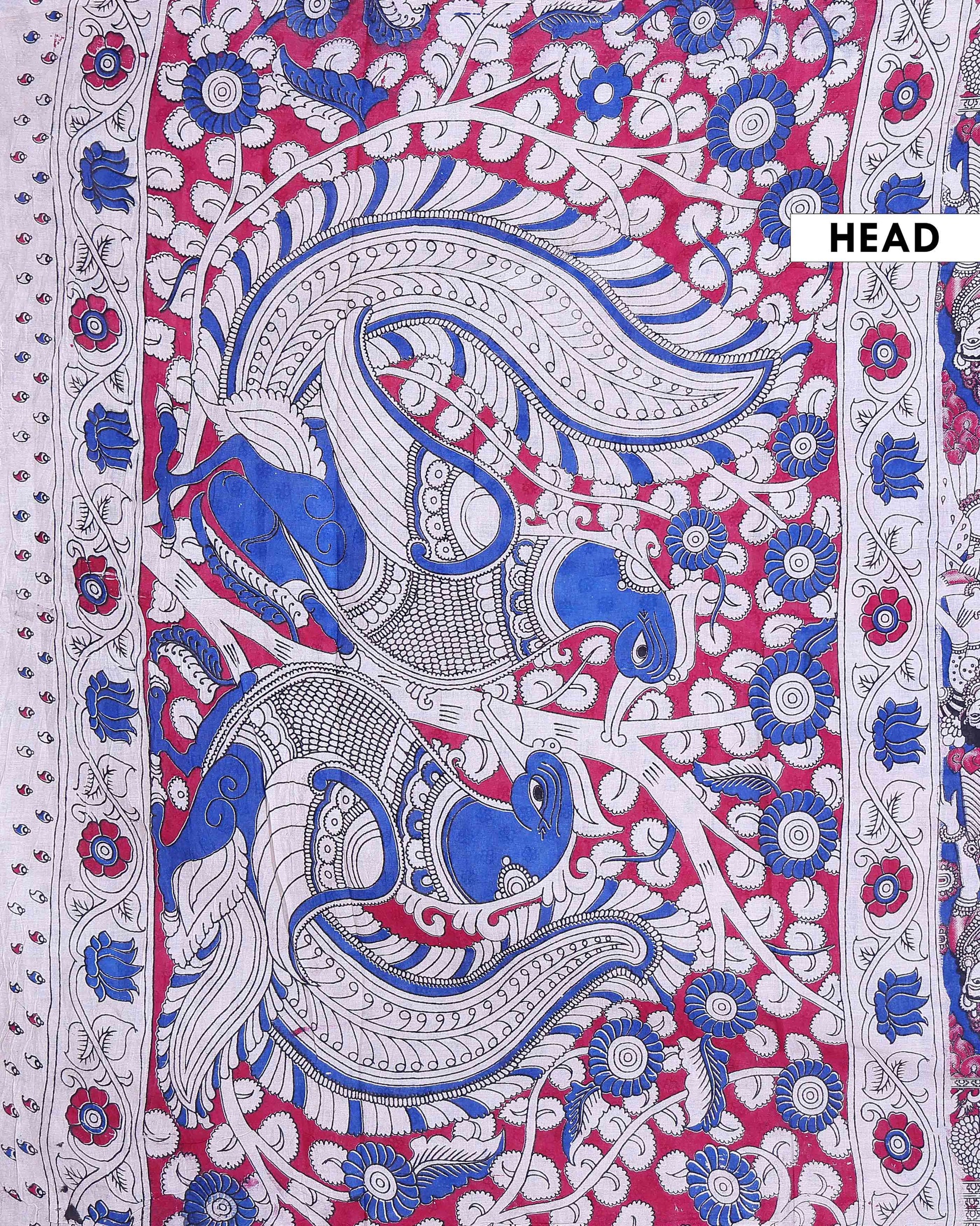 Traditional Handloom Kalamkari Cotton Saree Traditional Mythological Artwork and Intricate Border Detailing - Blue