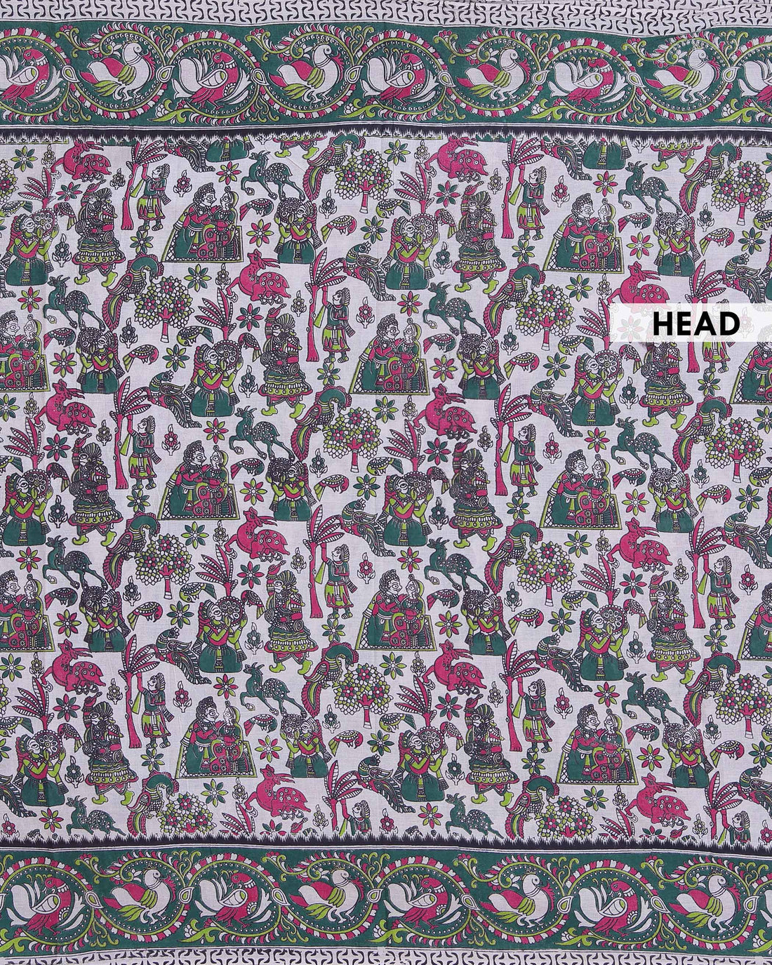 Handloom Kalamkari Cotton Saree Traditional Peacocks Motifs and Elaborate Border Design - Cream