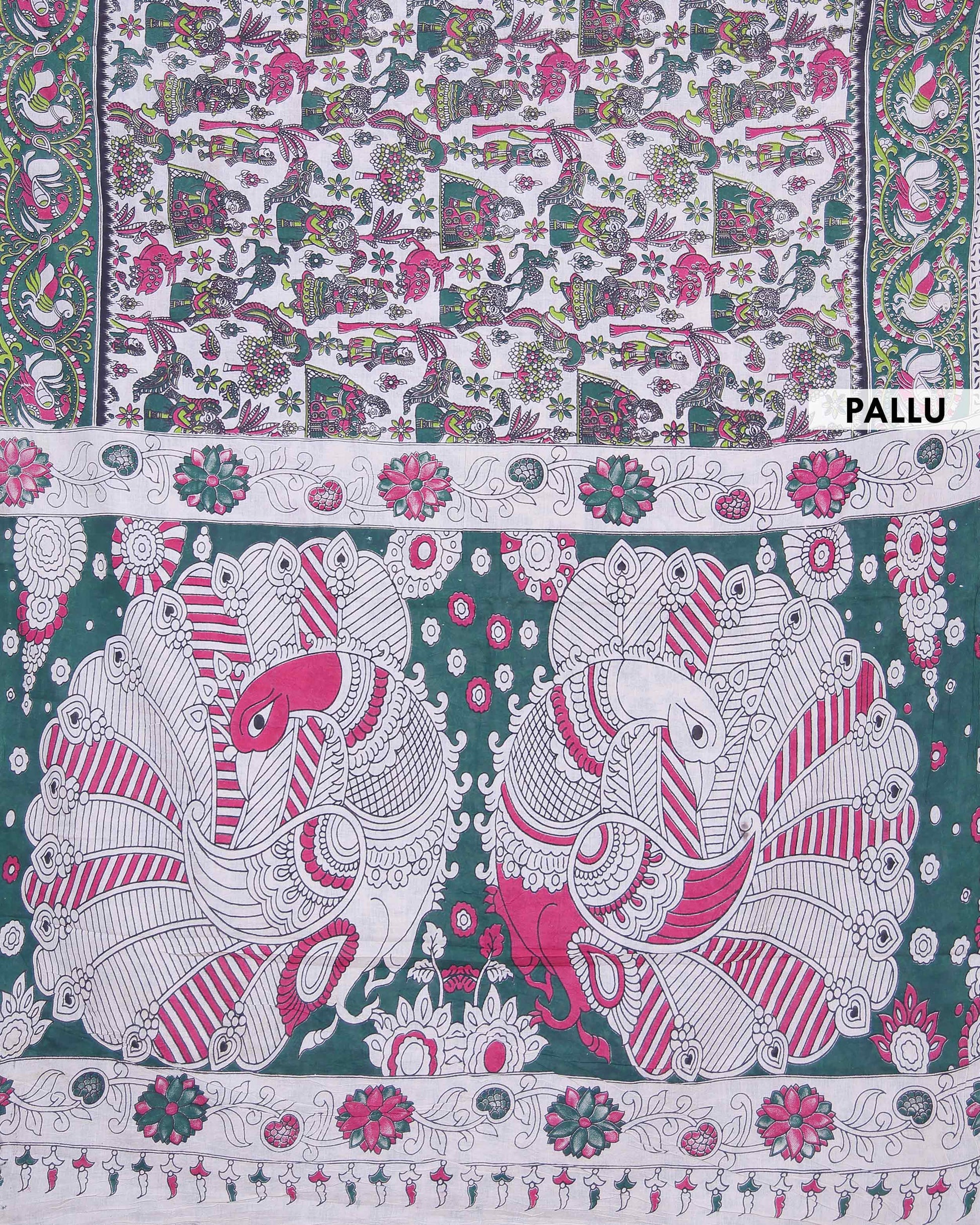 Handloom Kalamkari Cotton Saree Traditional Peacocks Motifs and Elaborate Border Design - Cream