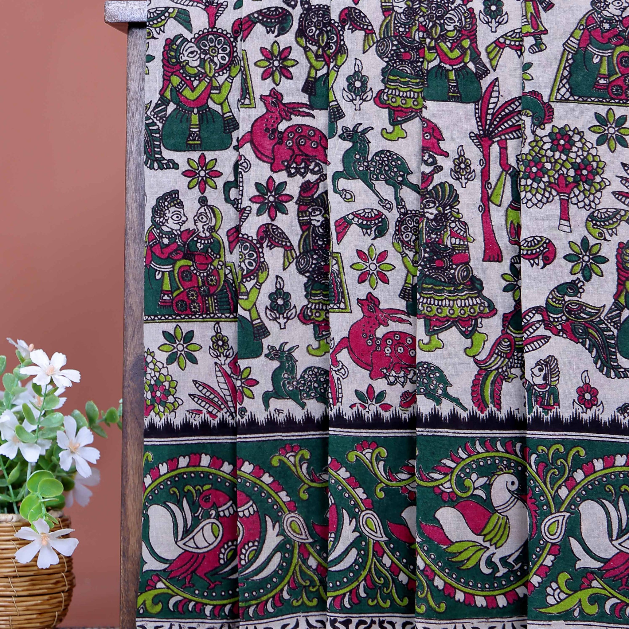 Handloom Kalamkari Cotton Saree Traditional Peacocks Motifs and Elaborate Border Design - Cream