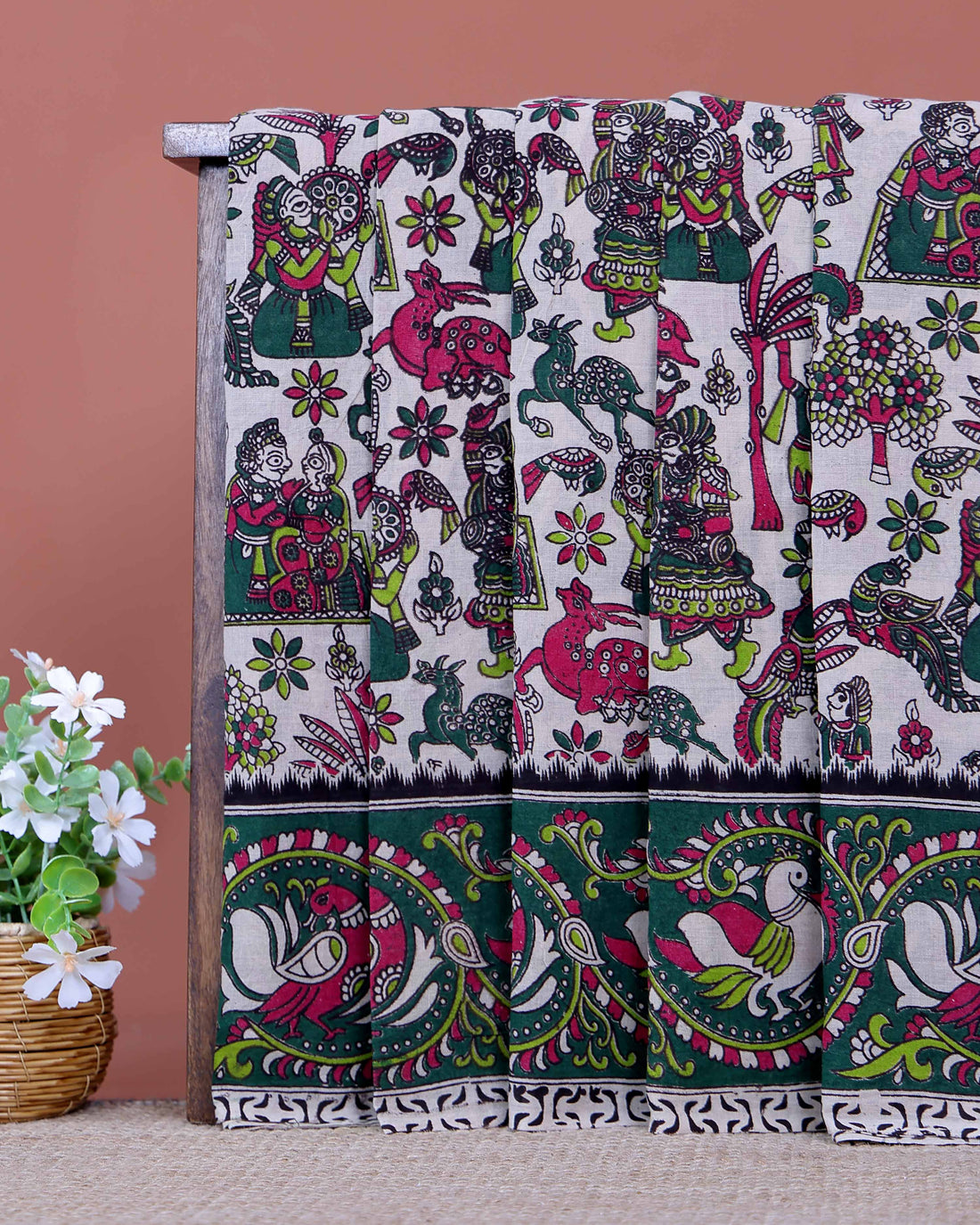 Handloom Kalamkari Cotton Saree Traditional Peacocks Motifs and Elaborate Border Design - Cream