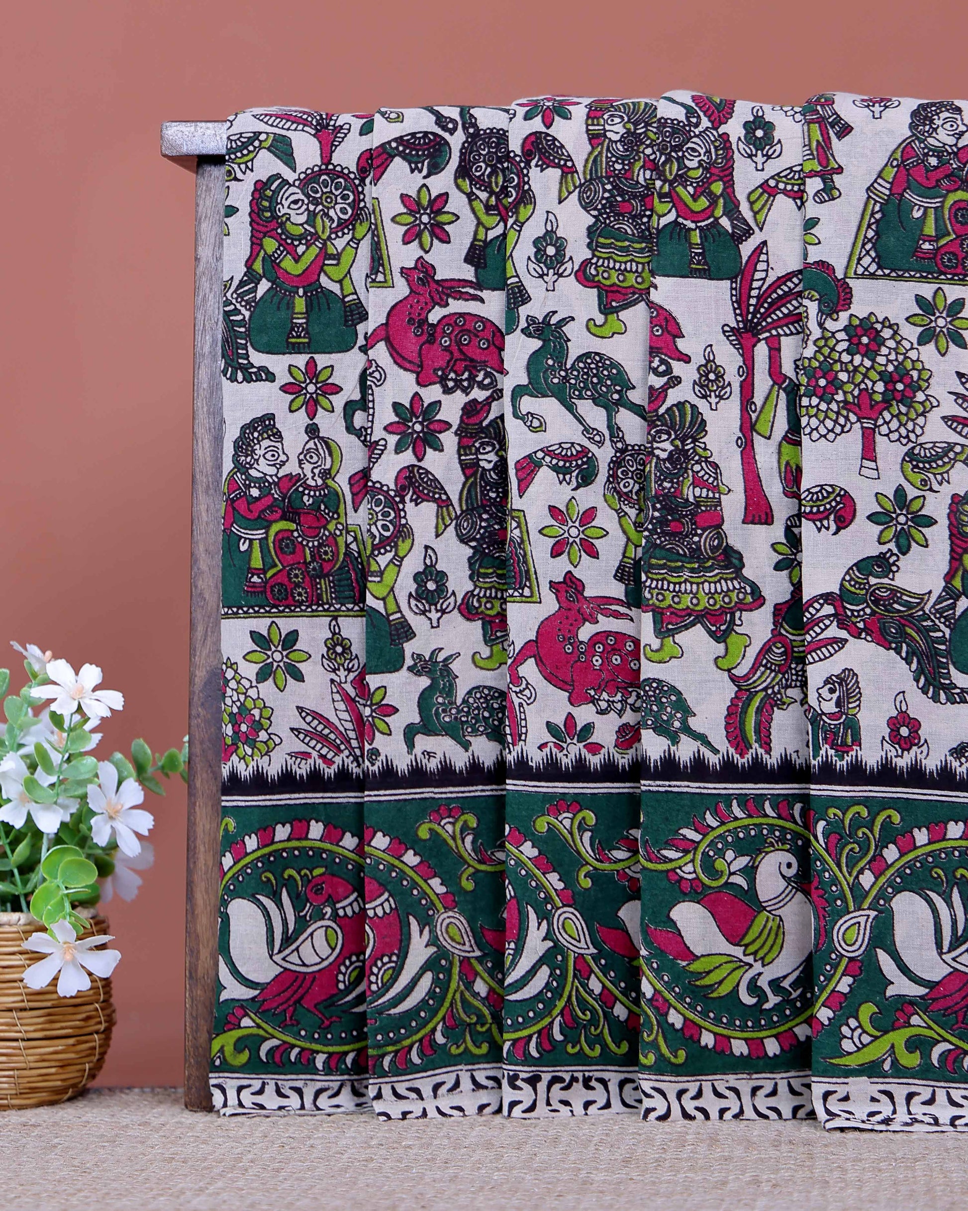 Handloom Kalamkari Cotton Saree Traditional Peacocks Motifs and Elaborate Border Design - Cream