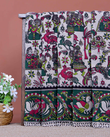 Handloom Kalamkari Cotton Saree Traditional Peacocks Motifs and Elaborate Border Design - Cream