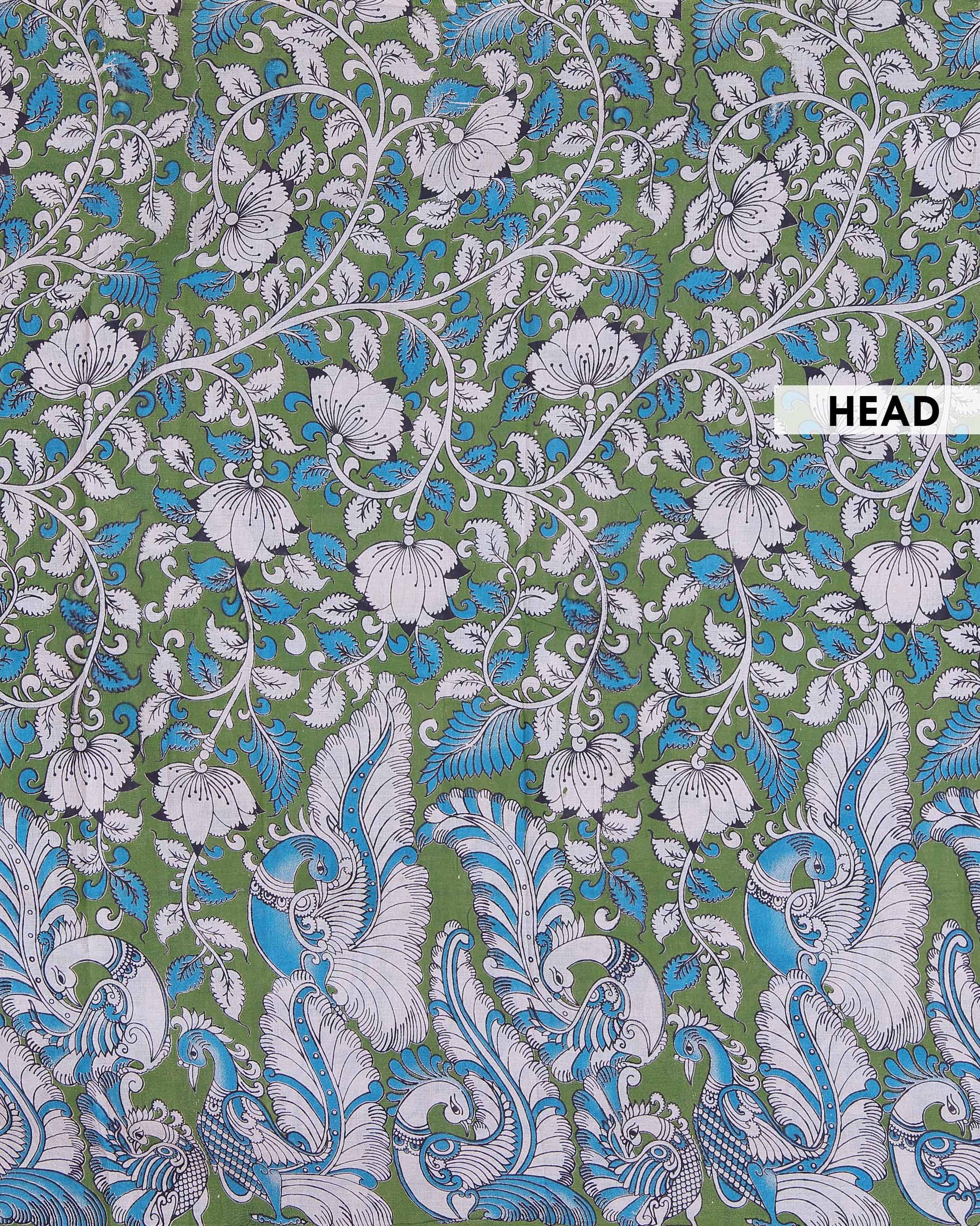 Handloom Kalamkari Cotton Saree with Bold Artistic Floral Motifs and Traditional Ethnic Detailing - Green