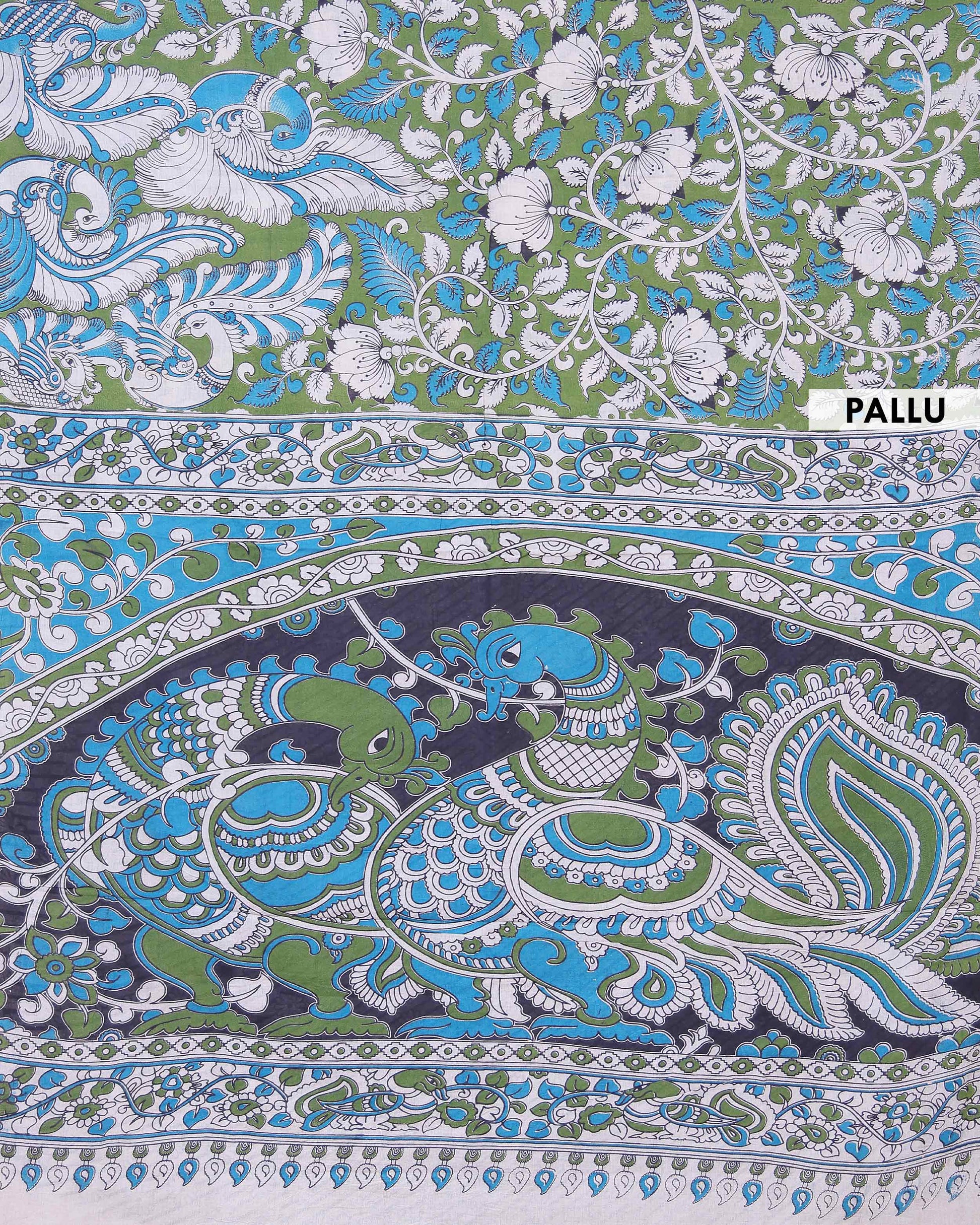 Handloom Kalamkari Cotton Saree with Bold Artistic Floral Motifs and Traditional Ethnic Detailing - Green