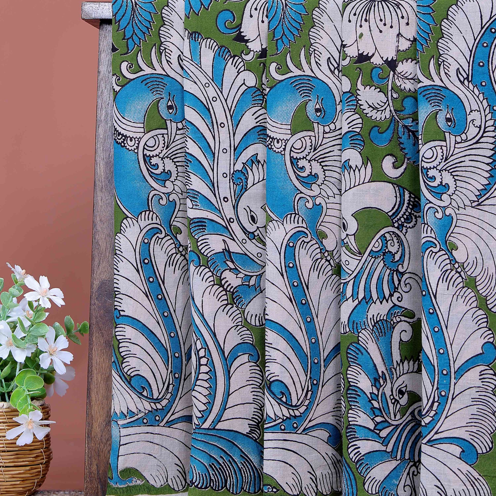 Handloom Kalamkari Cotton Saree with Bold Artistic Floral Motifs and Traditional Ethnic Detailing - Green