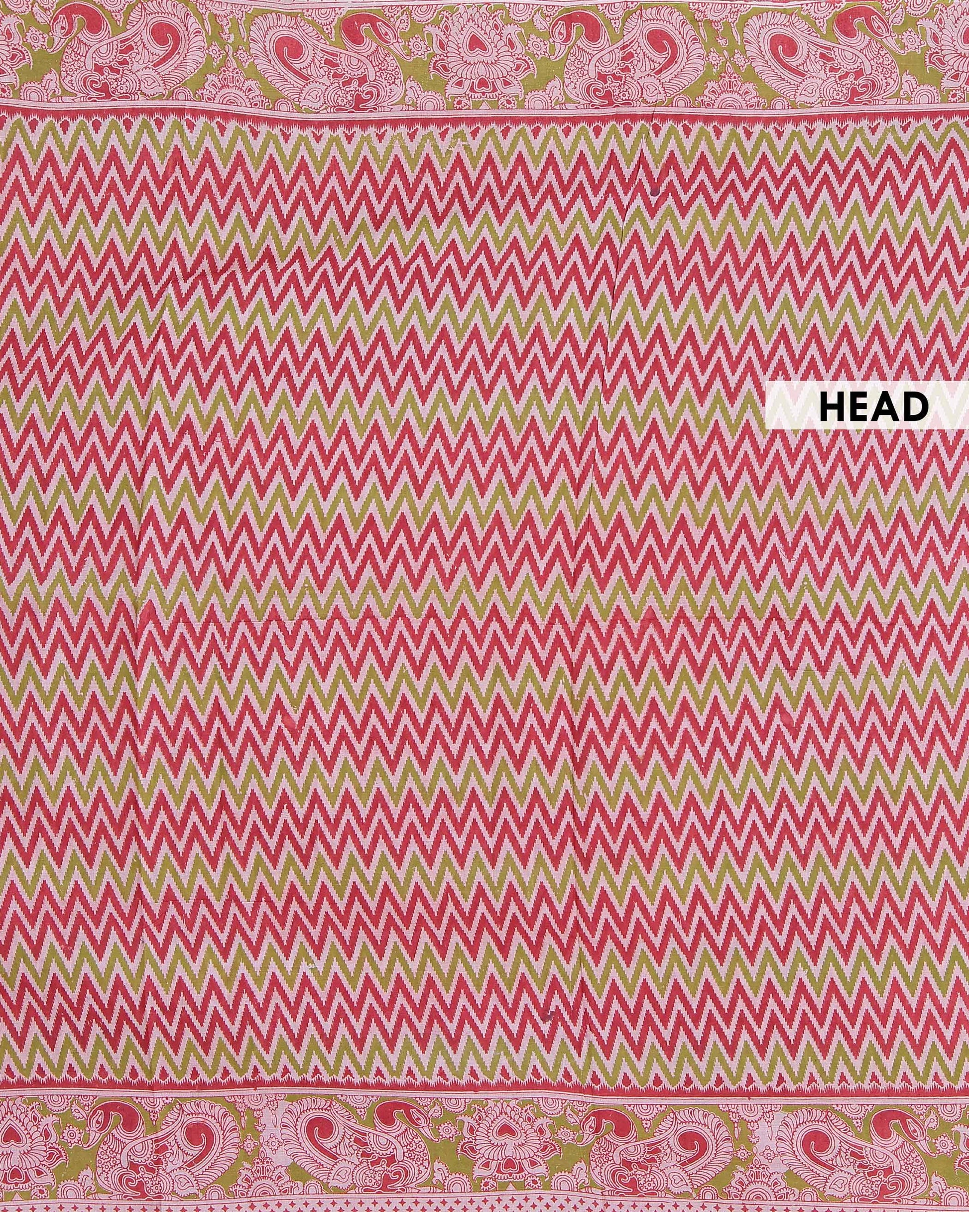 Handloom Kalamkari Cotton Saree with Bold Chevron Pattern and Traditional Artistic Border Design - Multi