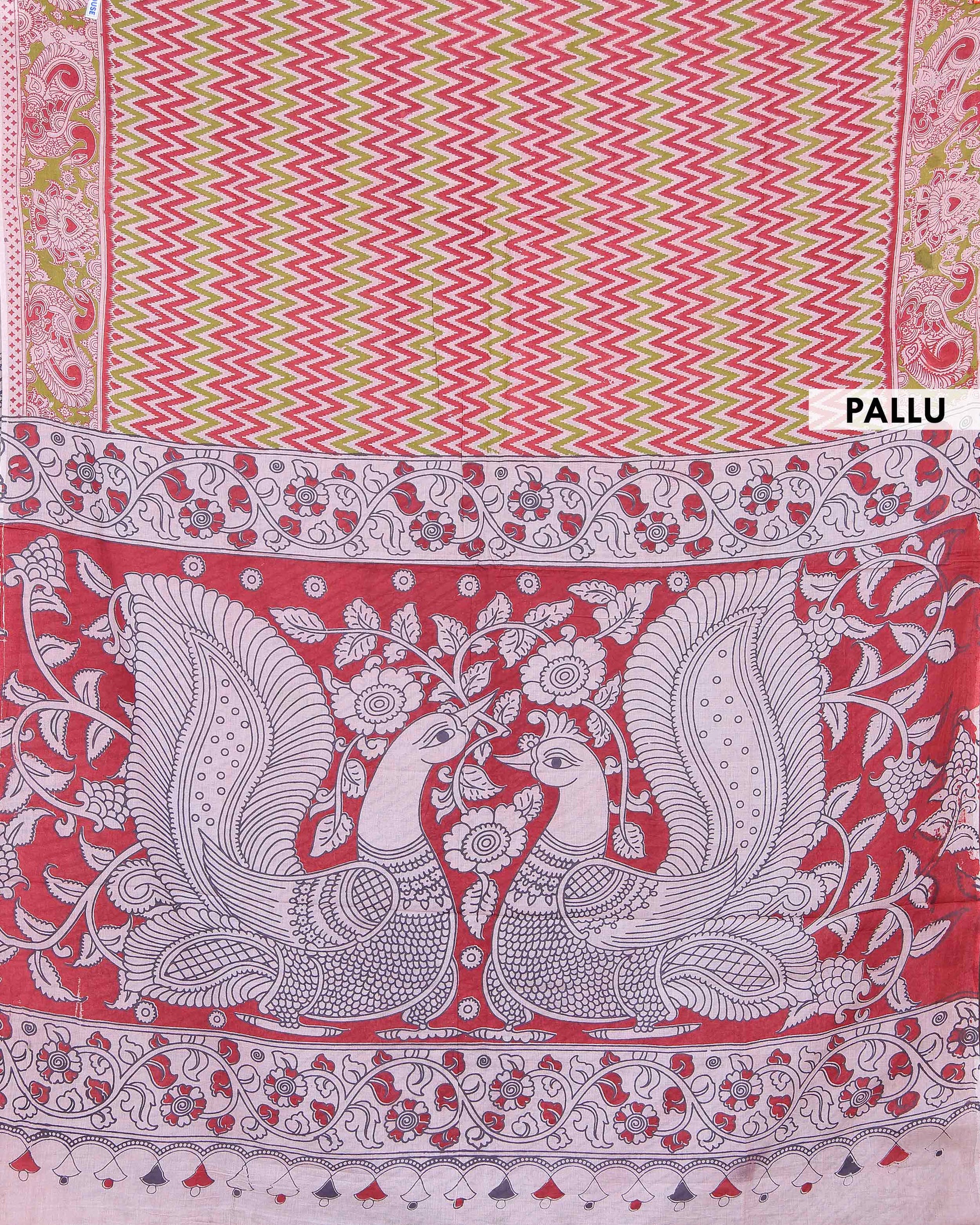 Handloom Kalamkari Cotton Saree with Bold Chevron Pattern and Traditional Artistic Border Design - Multi