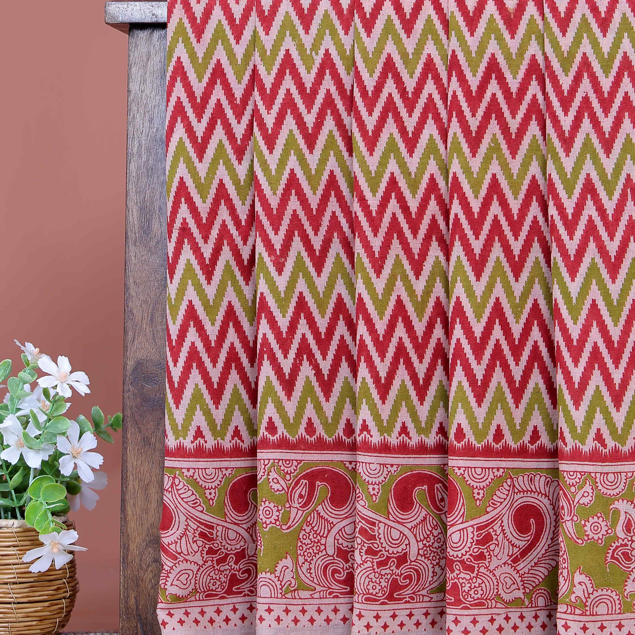 Handloom Kalamkari Cotton Saree with Bold Chevron Pattern and Traditional Artistic Border Design - Multi