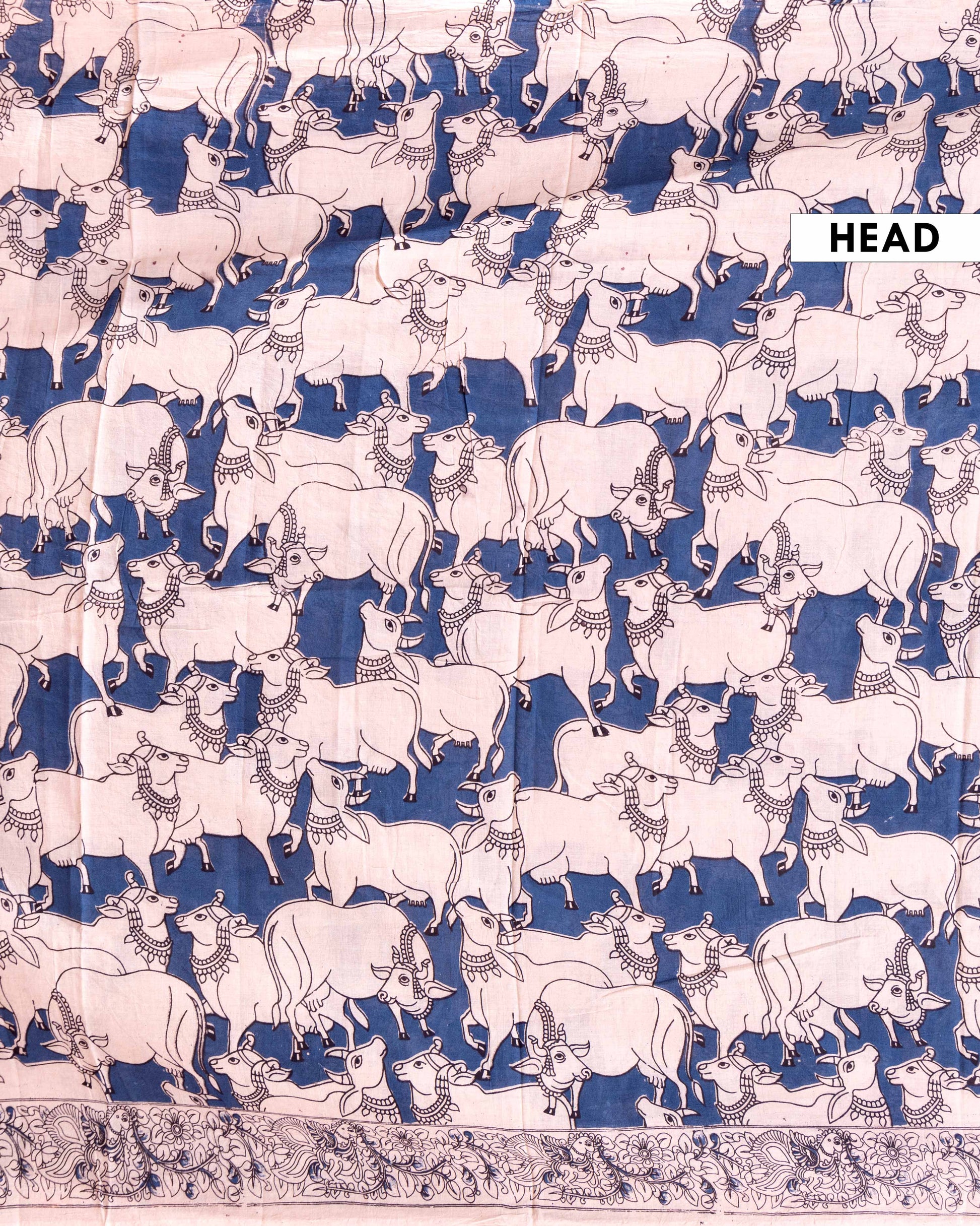 Handloom Kalamkari Cotton Saree with Cow Motif & Floral Border - Cream