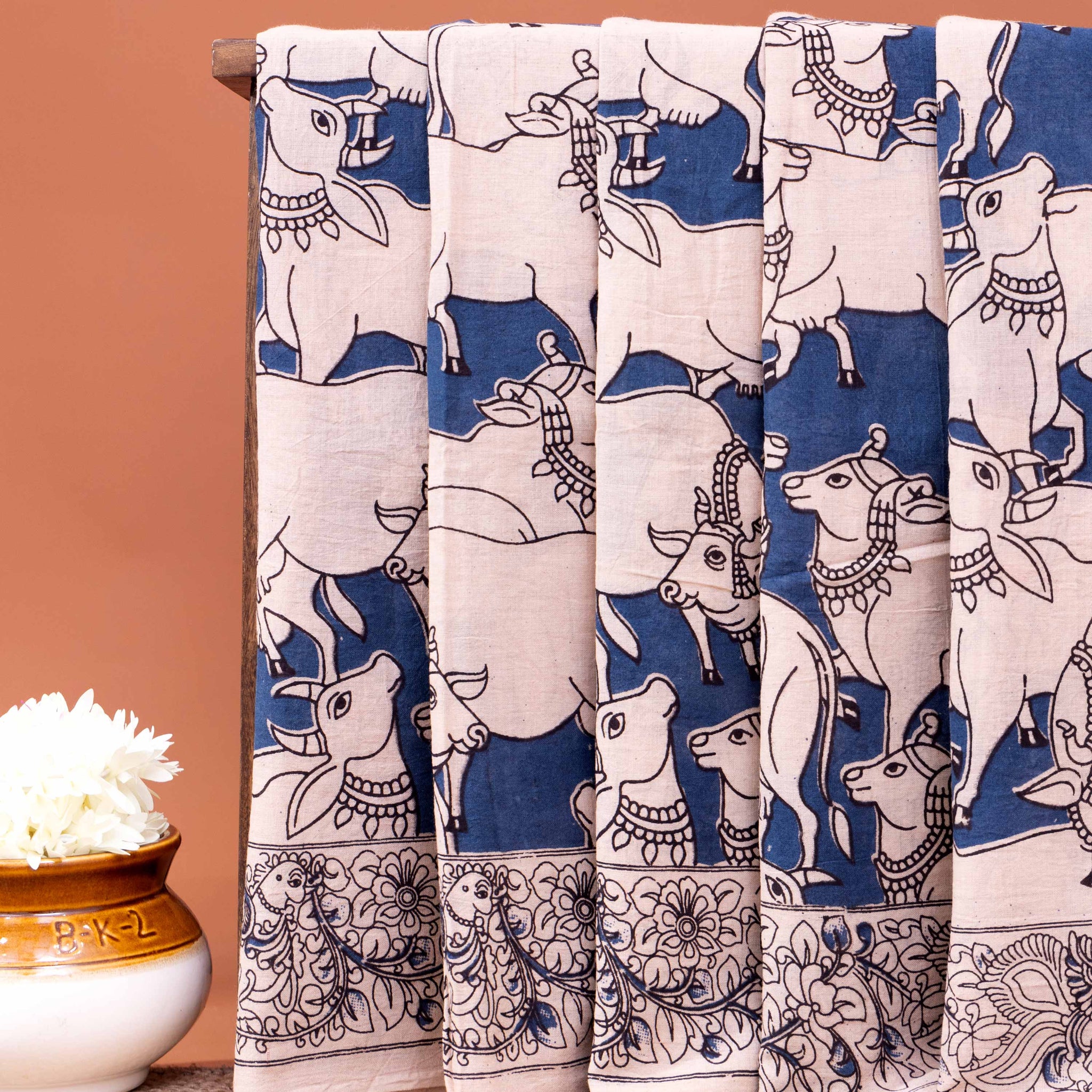 Handloom Kalamkari Cotton Saree with Cow Motif & Floral Border - Cream