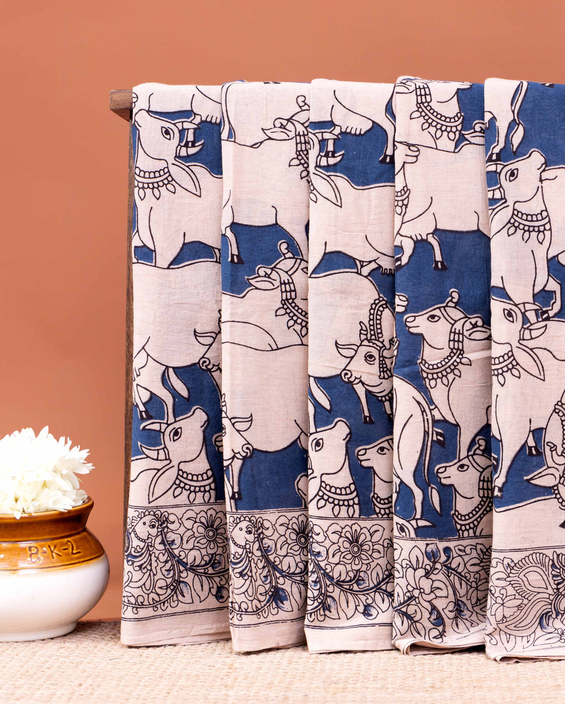 Handloom Kalamkari Cotton Saree with Cow Motif & Floral Border - Cream