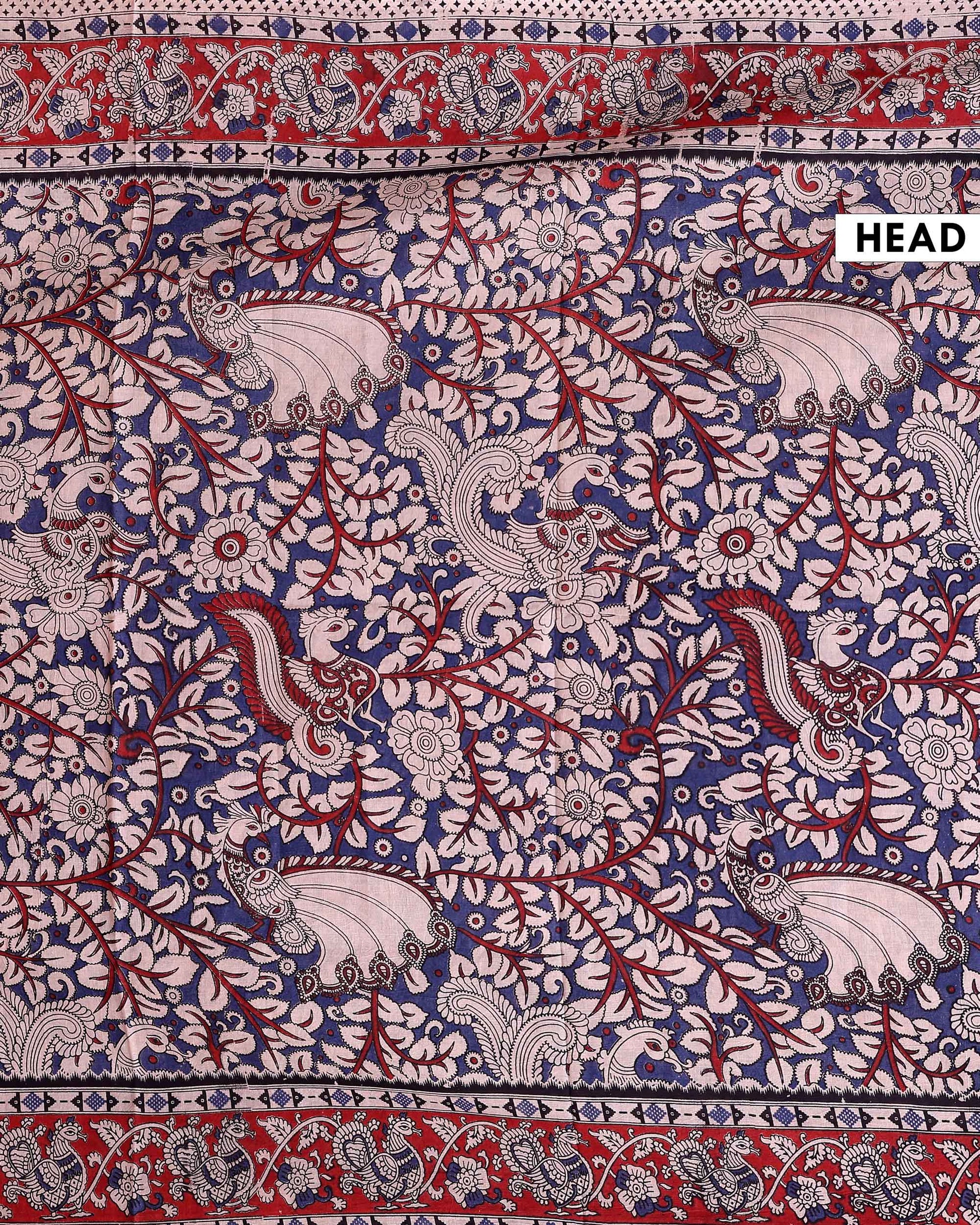 Handloom Kalamkari Cotton Saree with Elaborate Peacock Motifs and Decorative Pallu - Blue