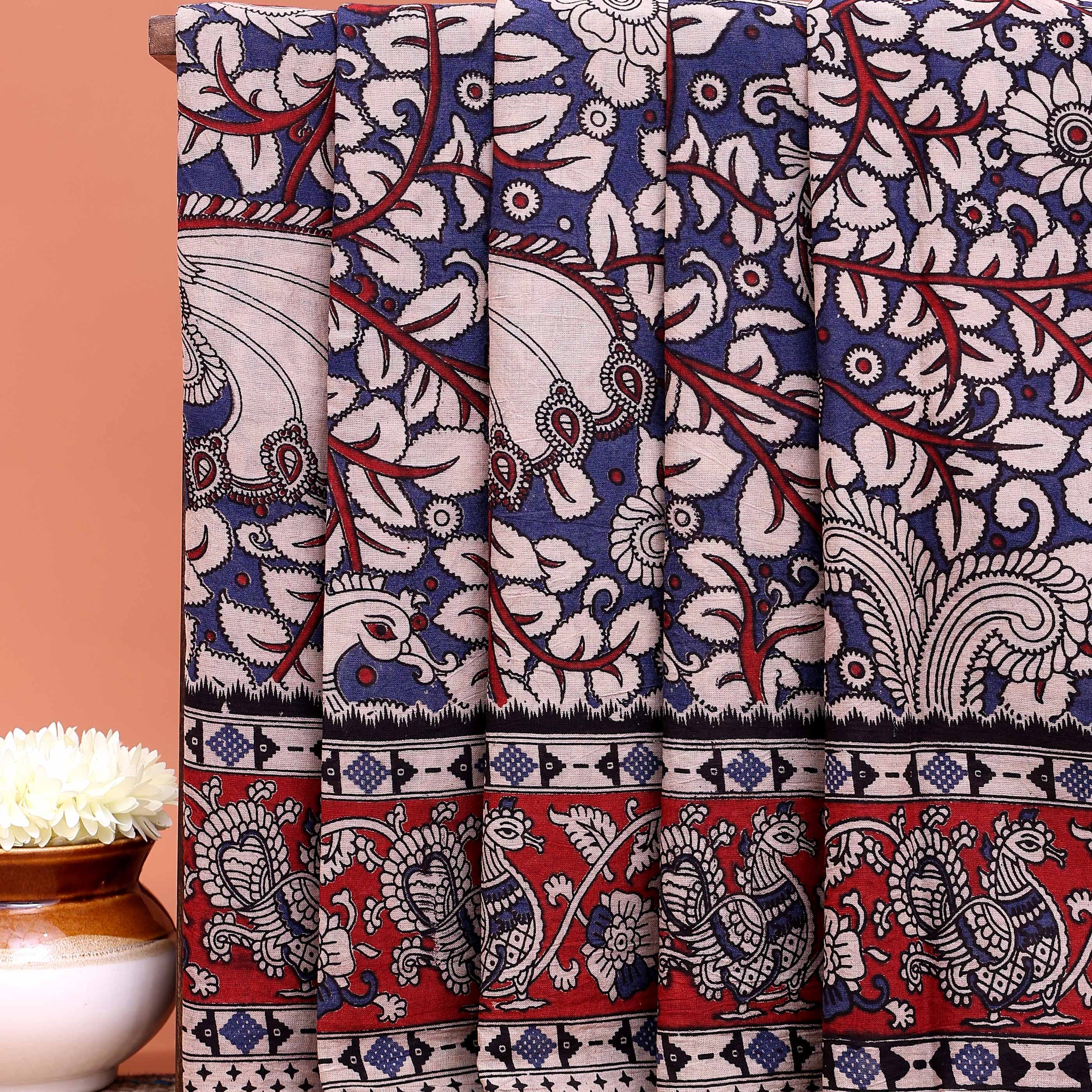 Handloom Kalamkari Cotton Saree with Elaborate Peacock Motifs and Decorative Pallu - Blue