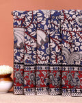 Handloom Kalamkari Cotton Saree with Elaborate Peacock Motifs and Decorative Pallu - Blue