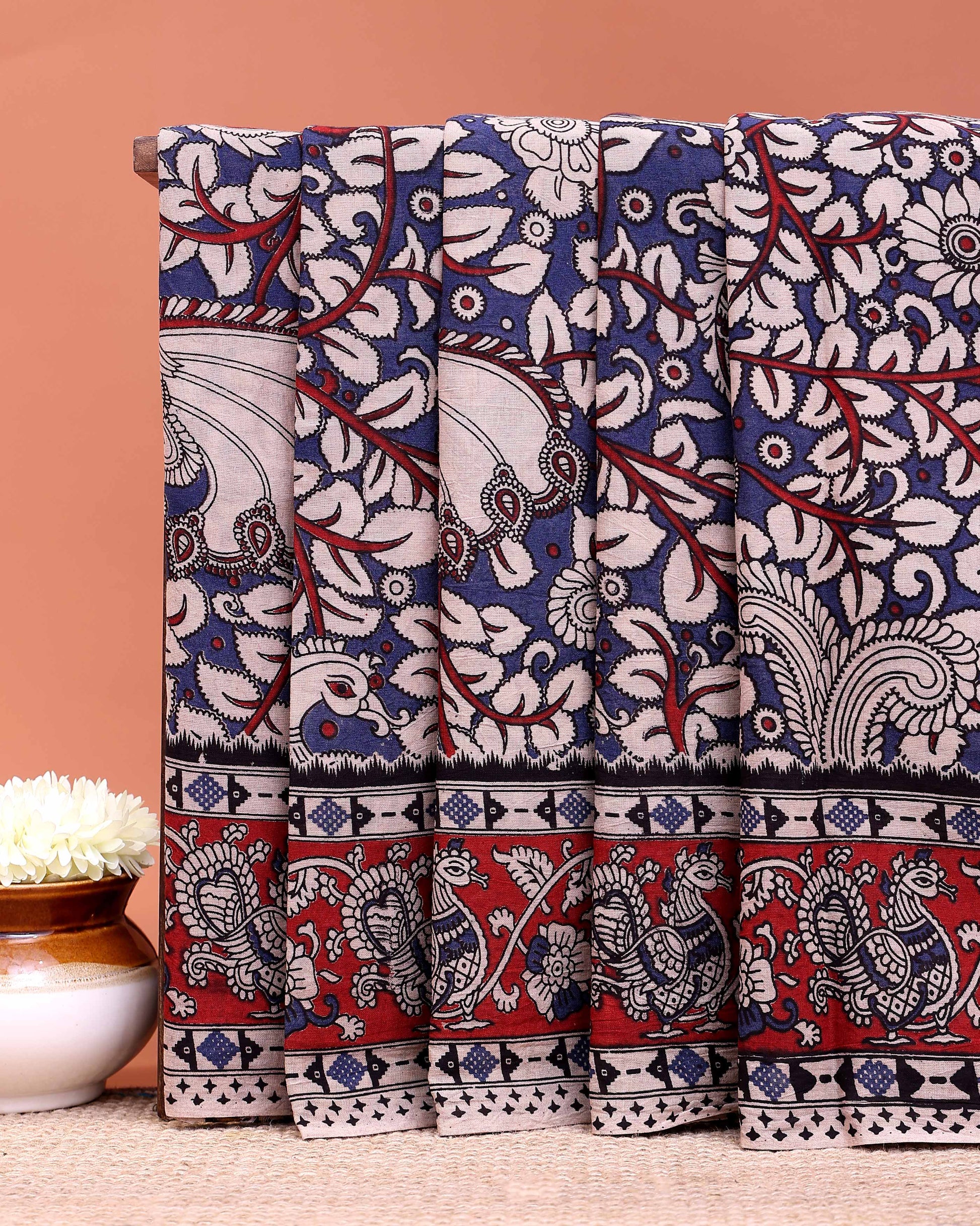 Handloom Kalamkari Cotton Saree with Elaborate Peacock Motifs and Decorative Pallu - Blue