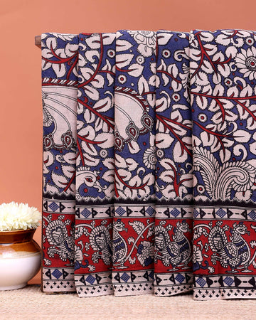 Handloom Kalamkari Cotton Saree with Elaborate Peacock Motifs and Decorative Pallu - Blue