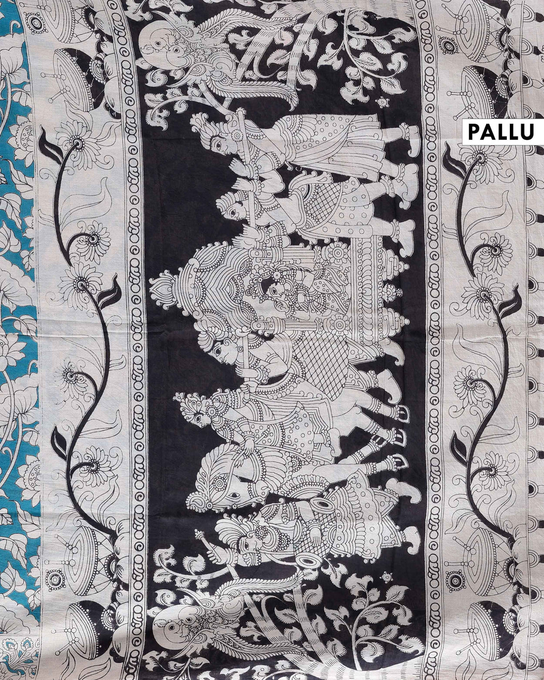 Handloom Kalamkari Cotton Saree with Floral & Leafy Motifs - Teal