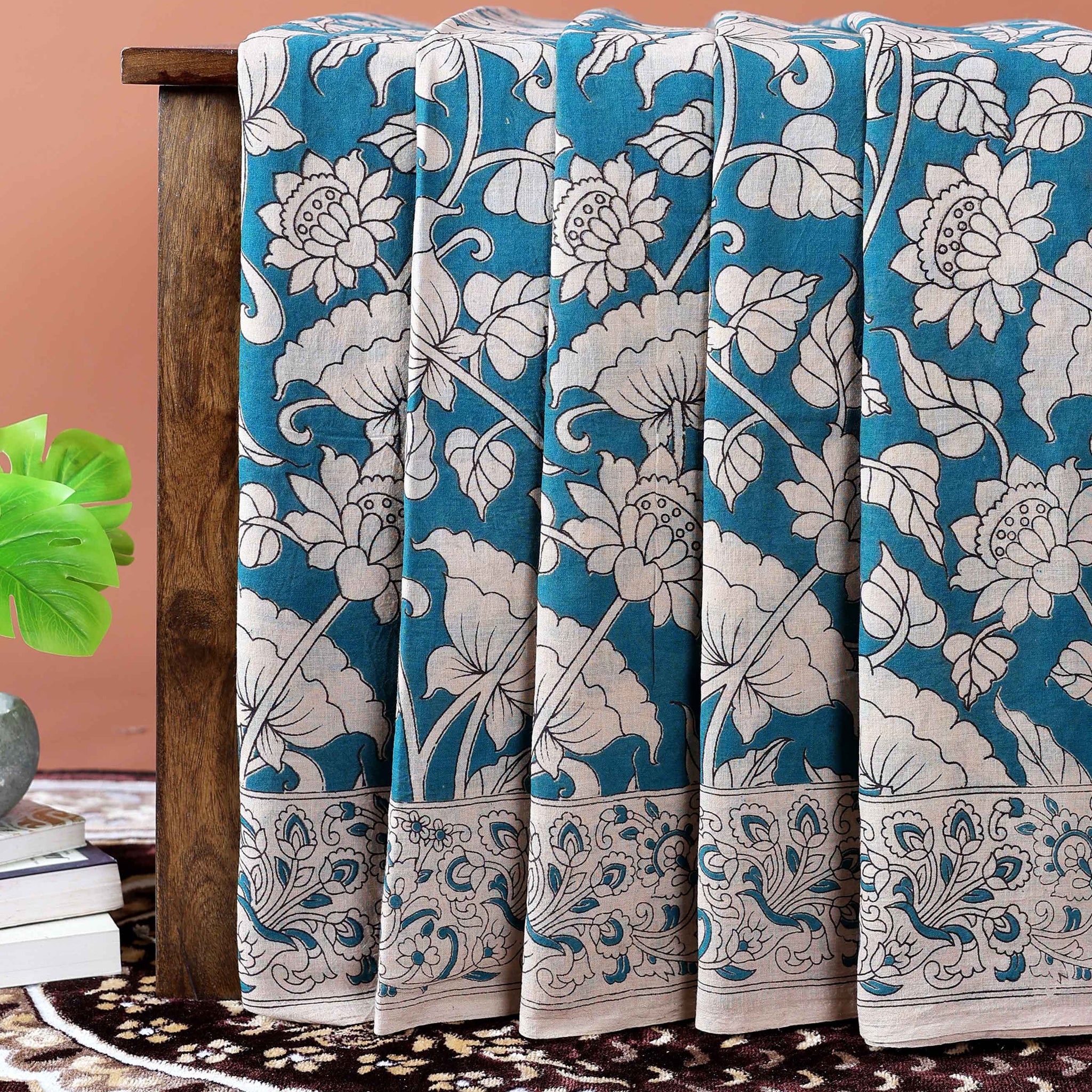 Handloom Kalamkari Cotton Saree with Floral & Leafy Motifs - Teal