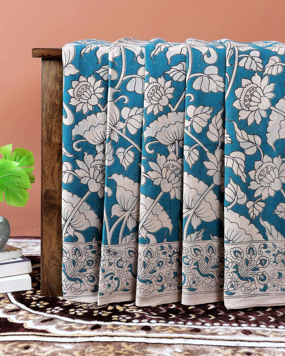 Handloom Kalamkari Cotton Saree with Floral & Leafy Motifs - Teal