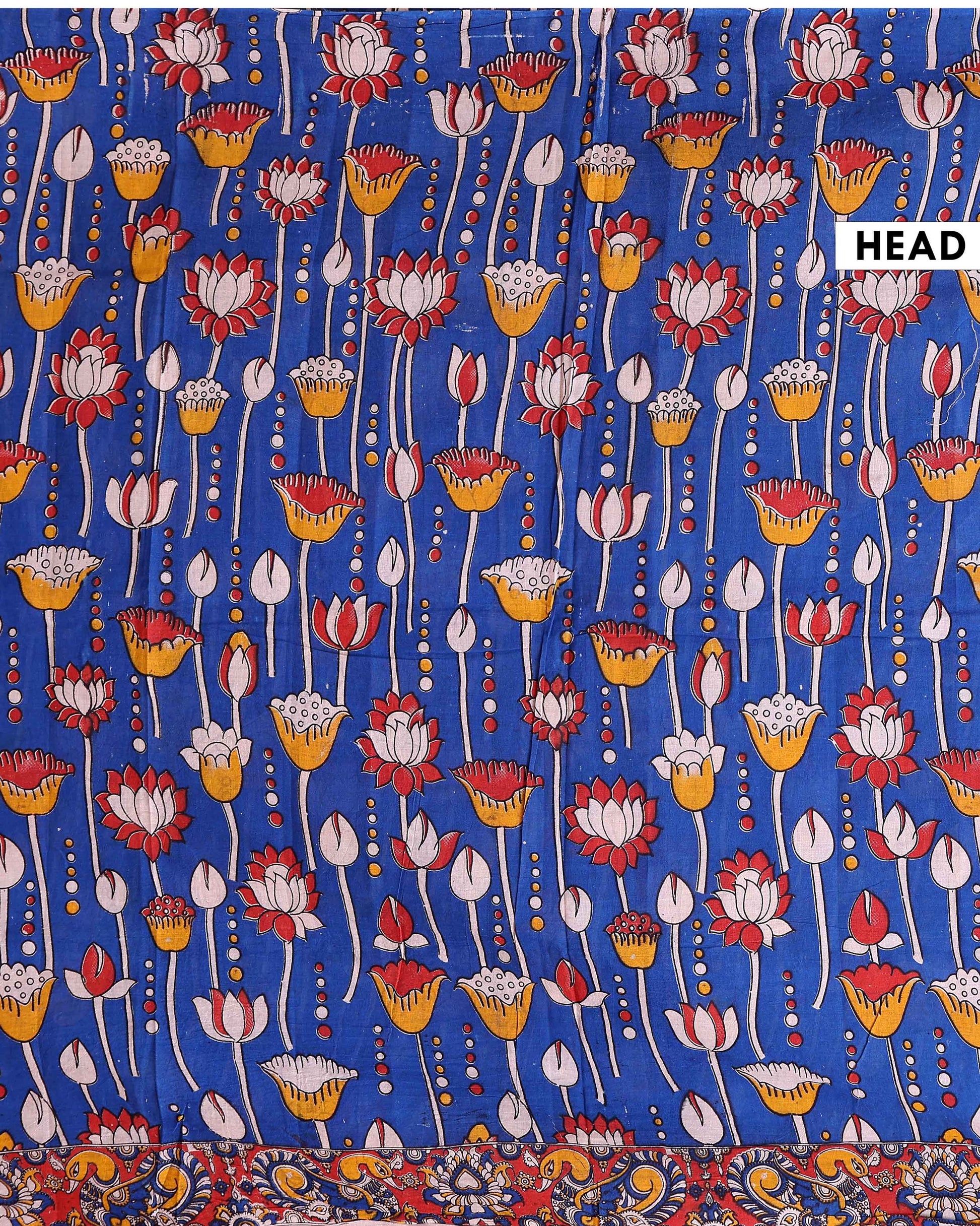 Handloom Kalamkari Cotton Saree with Intricate Floral and Folk Art Detailing - Blue