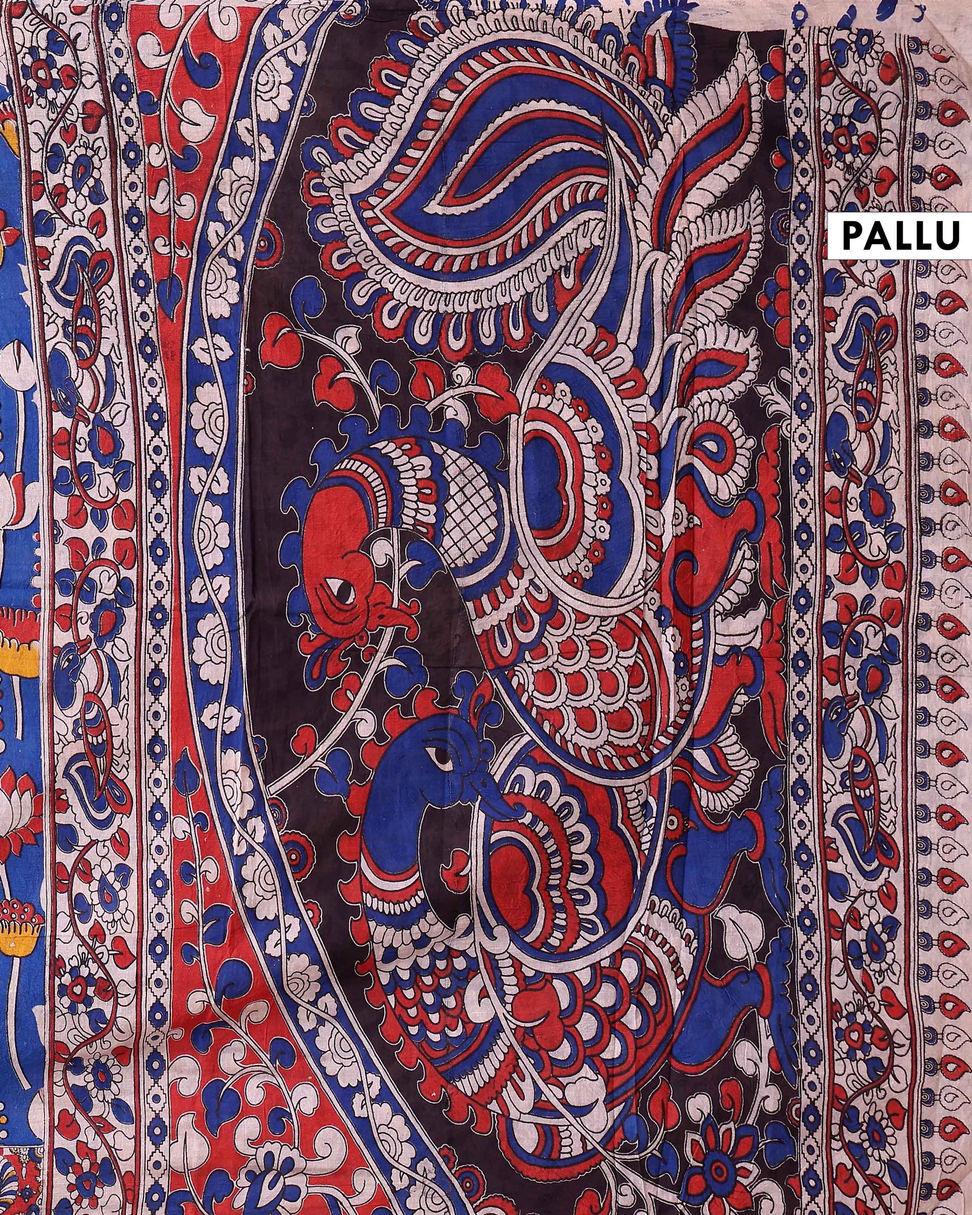 Handloom Kalamkari Cotton Saree with Intricate Floral and Folk Art Detailing - Blue