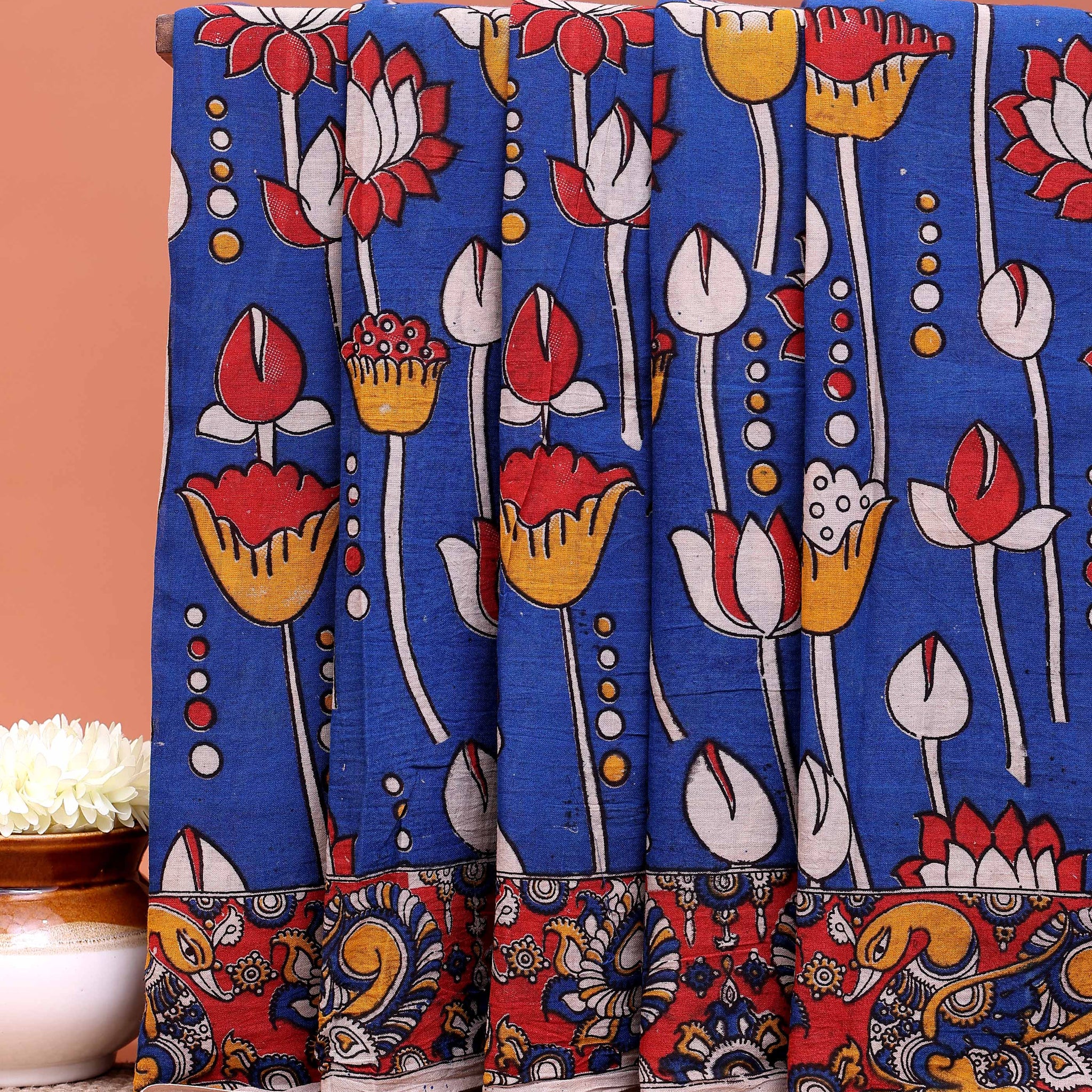 Handloom Kalamkari Cotton Saree with Intricate Floral and Folk Art Detailing - Blue