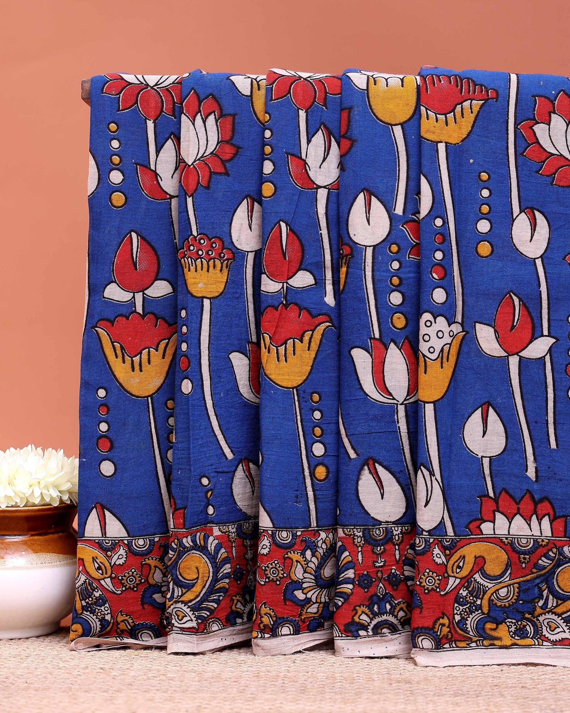 Handloom Kalamkari Cotton Saree with Intricate Floral and Folk Art Detailing - Blue