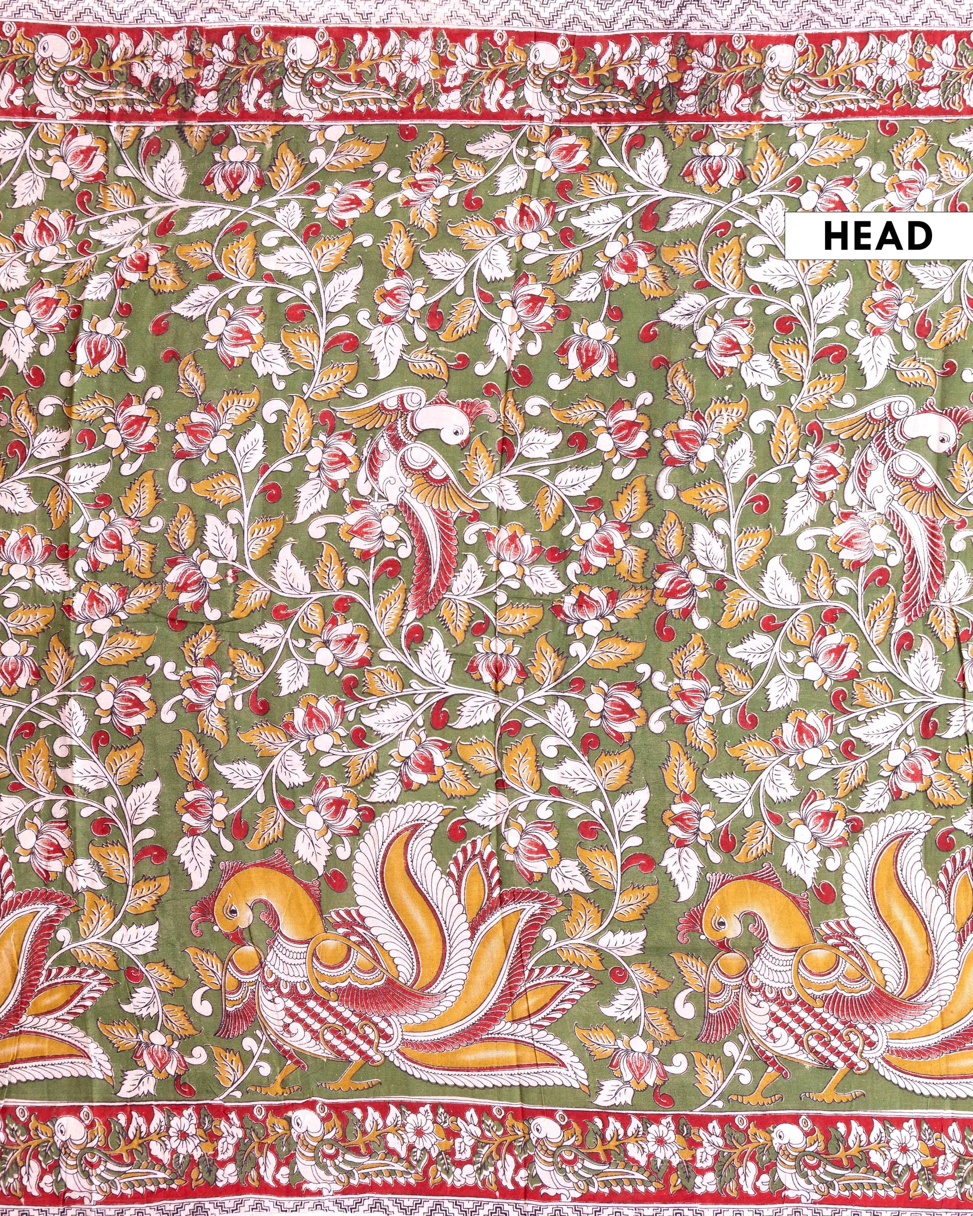 Handloom Kalamkari Cotton Saree with Intricate Peacock and Floral Print - Green