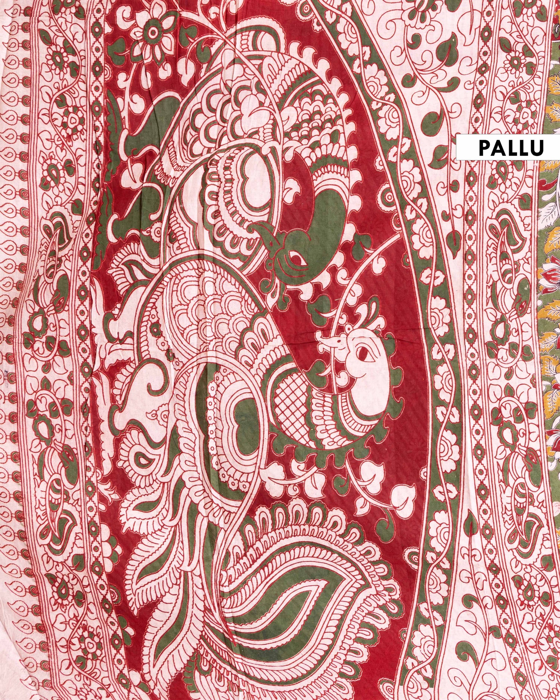 Handloom Kalamkari Cotton Saree with Intricate Peacock and Floral Print - Green