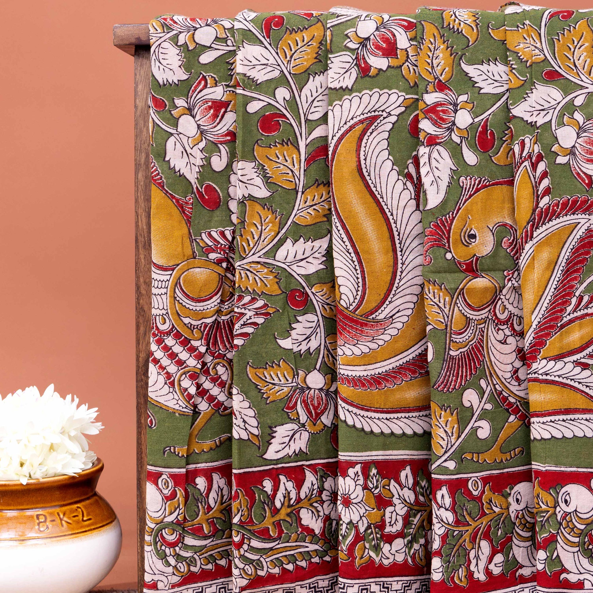 Handloom Kalamkari Cotton Saree with Intricate Peacock and Floral Print - Green