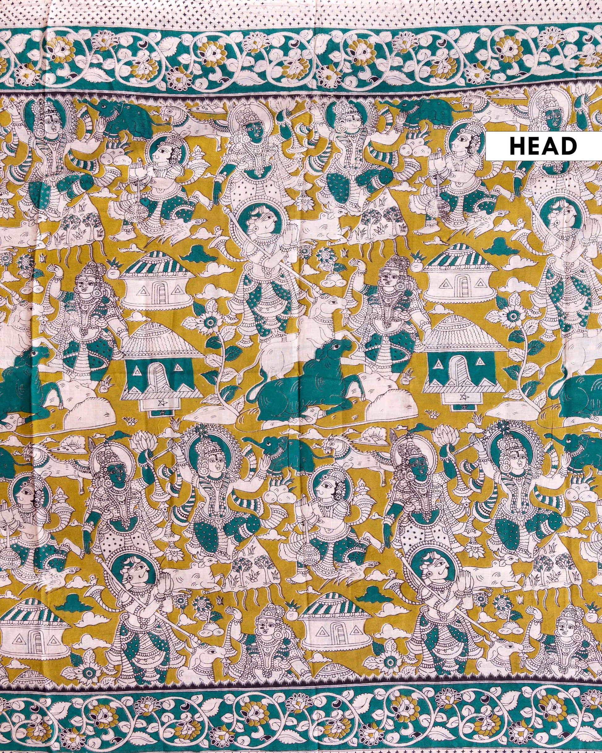 Handloom Kalamkari Cotton Saree with Mythological Motifs - Green