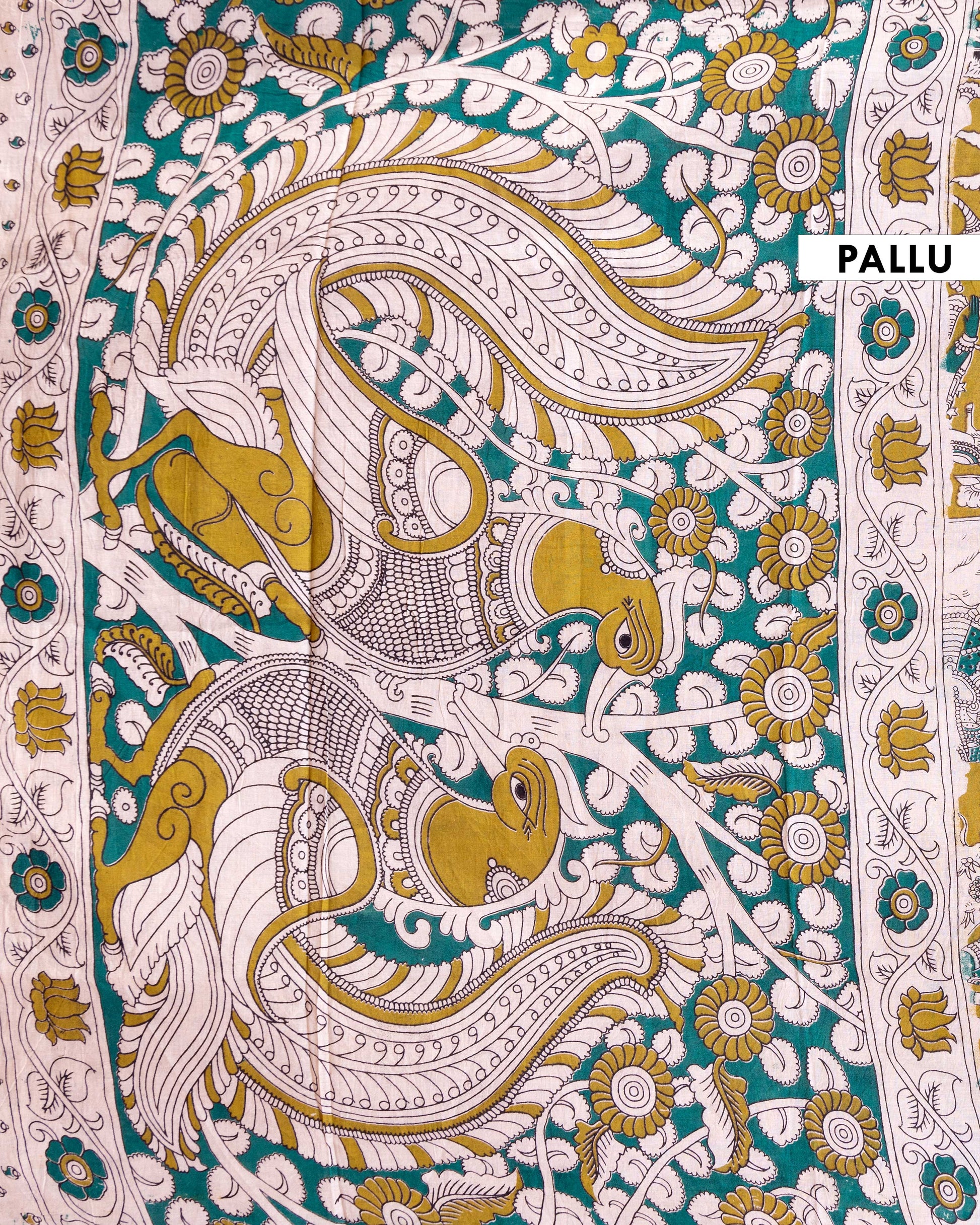 Handloom Kalamkari Cotton Saree with Mythological Motifs - Green