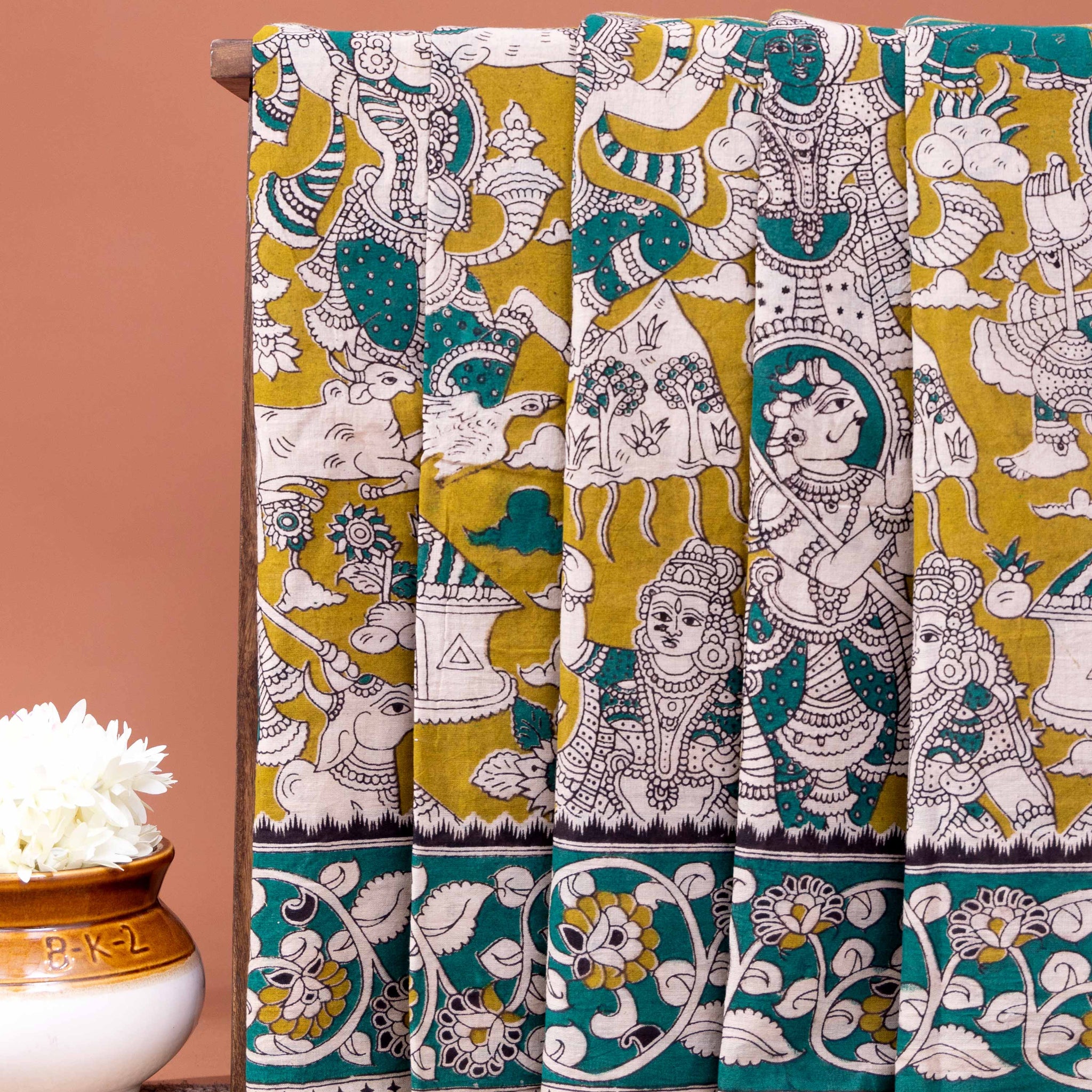 Handloom Kalamkari Cotton Saree with Mythological Motifs - Green