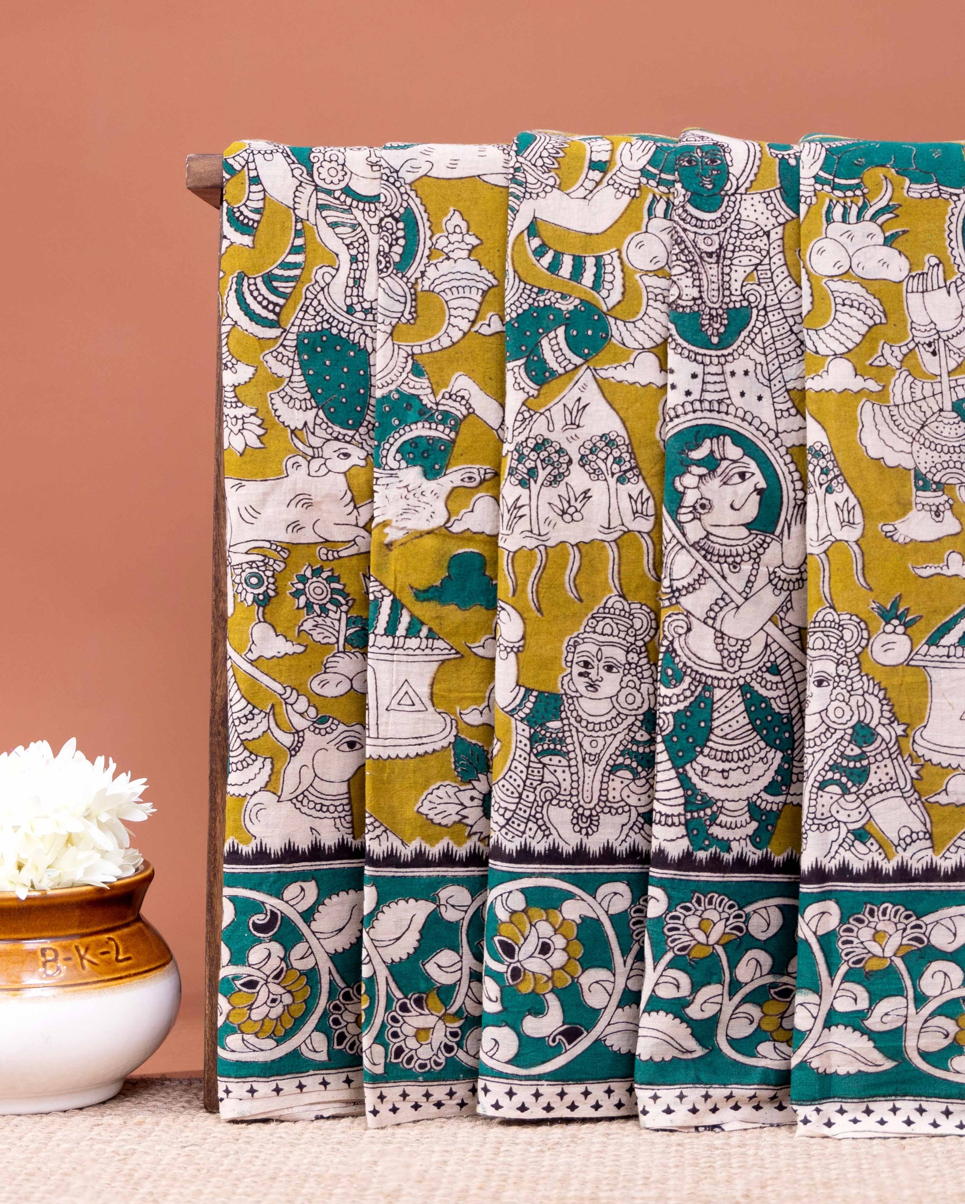Handloom Kalamkari Cotton Saree with Mythological Motifs - Green