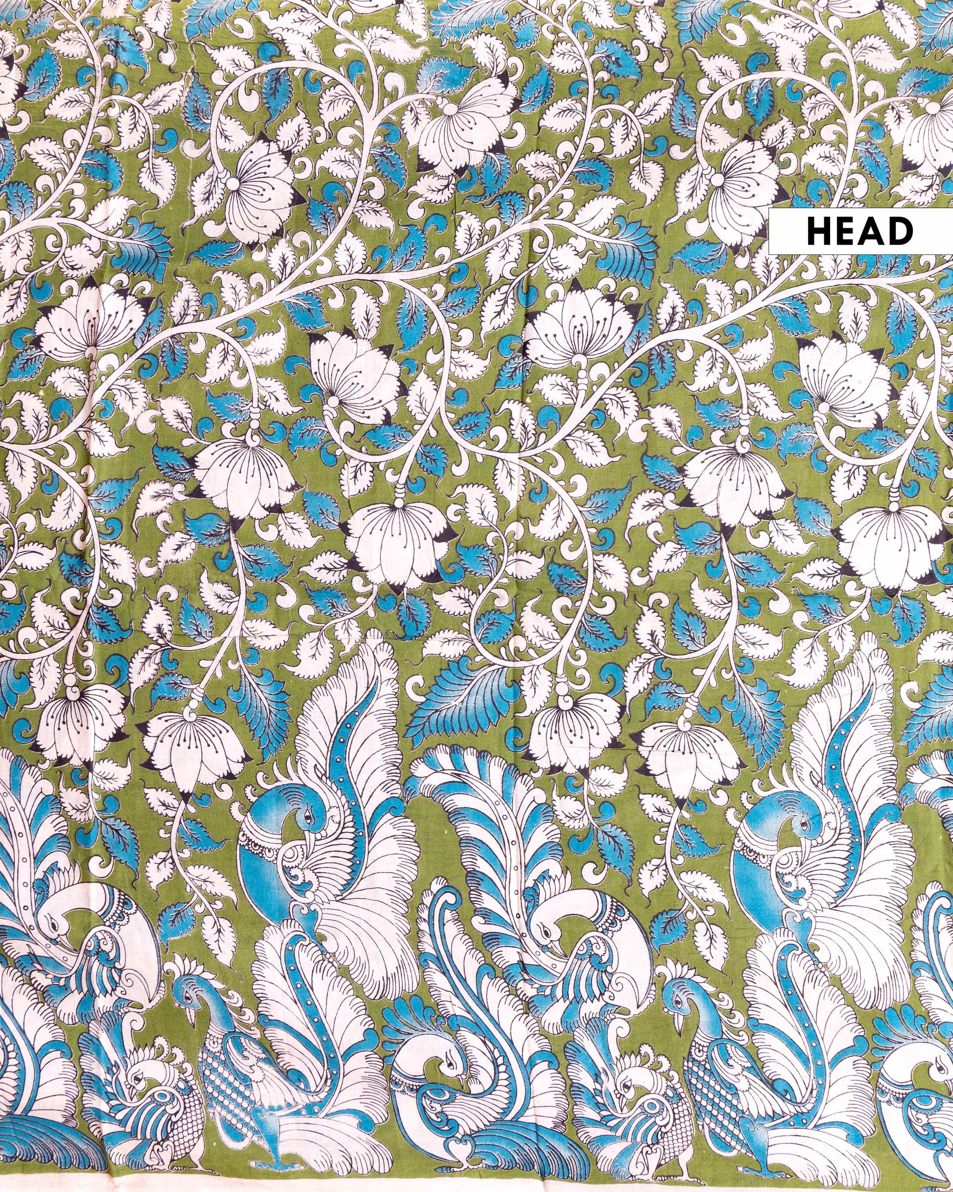 Handloom Kalamkari Cotton Saree with Peacock and Floral Motifs - Green