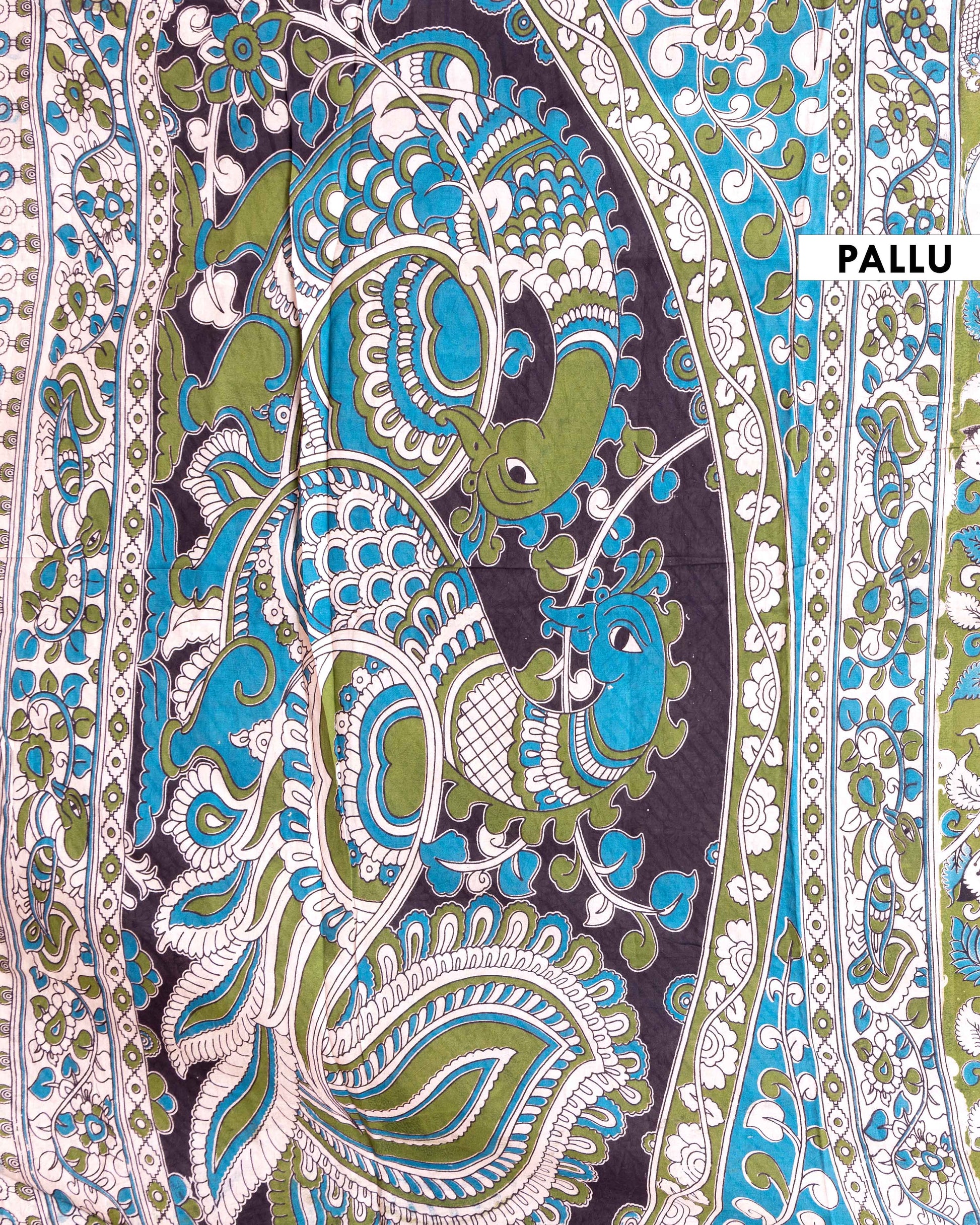 Handloom Kalamkari Cotton Saree with Peacock and Floral Motifs - Green