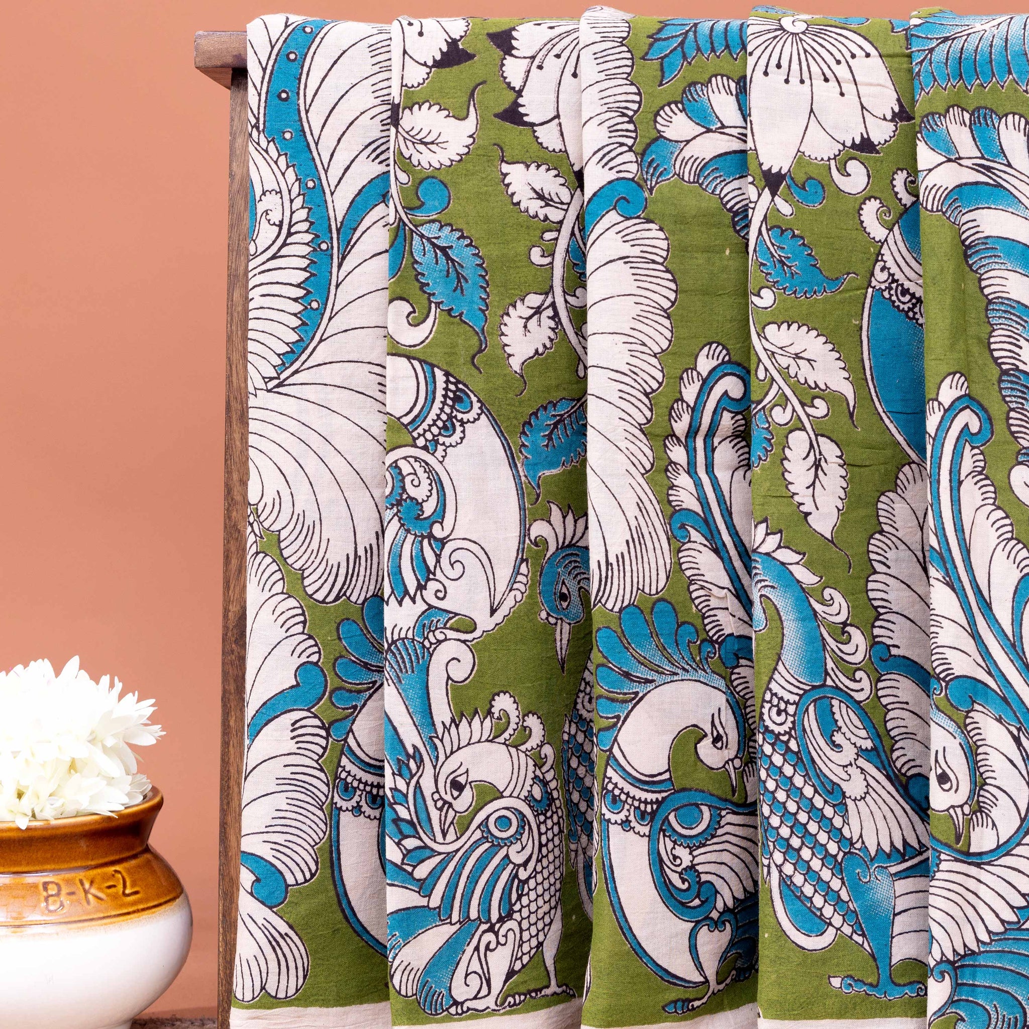 Handloom Kalamkari Cotton Saree with Peacock and Floral Motifs - Green