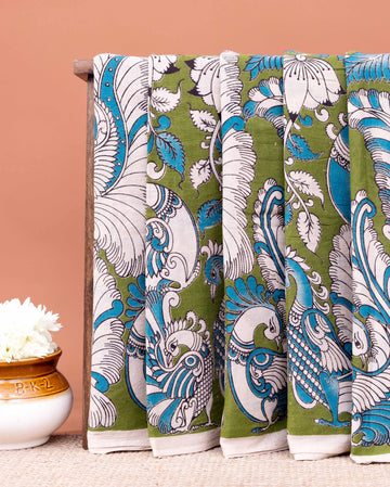 Handloom Kalamkari Cotton Saree with Peacock and Floral Motifs - Green